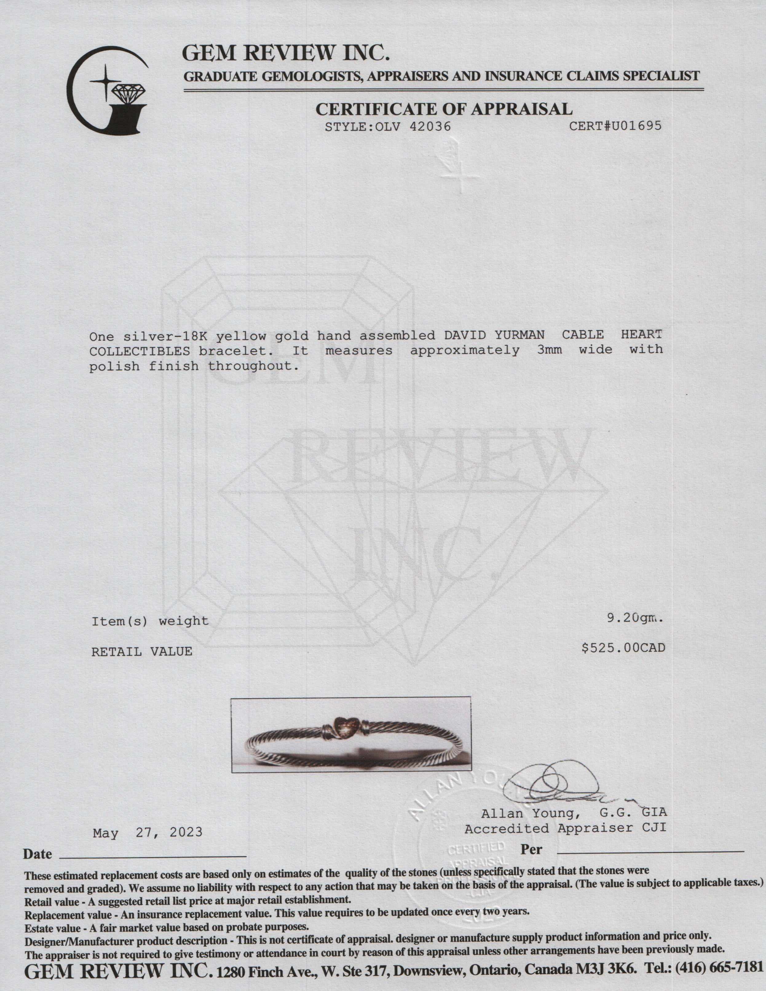 David Yurman Two-Tone Cable Collectibles Heart Bracelet, 3MM