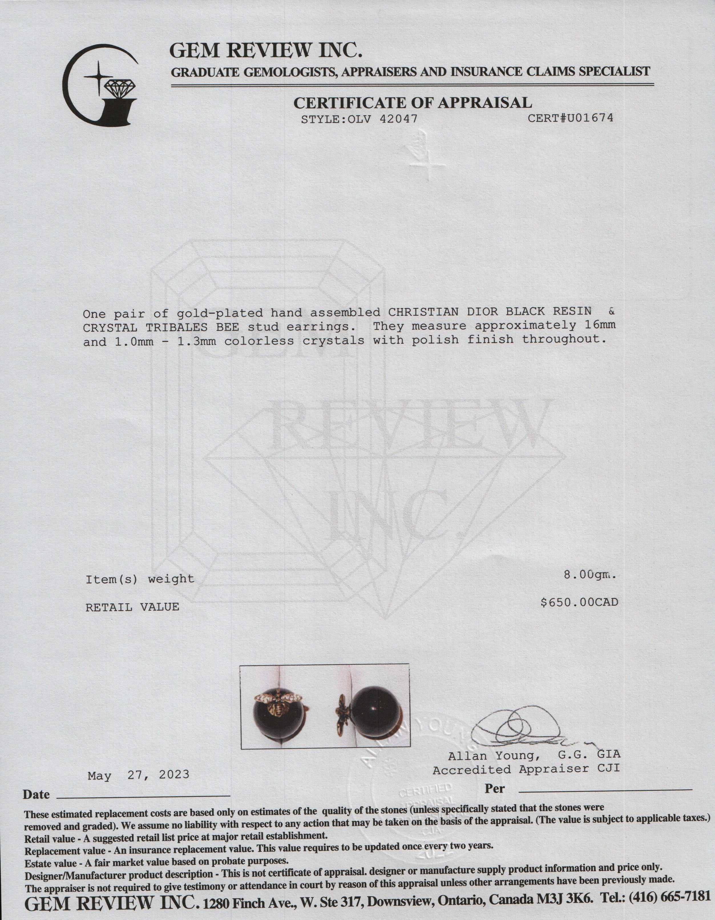 Christian Dior Black Resin & Crystal Tribale Bee Stud Earrings w/ Box