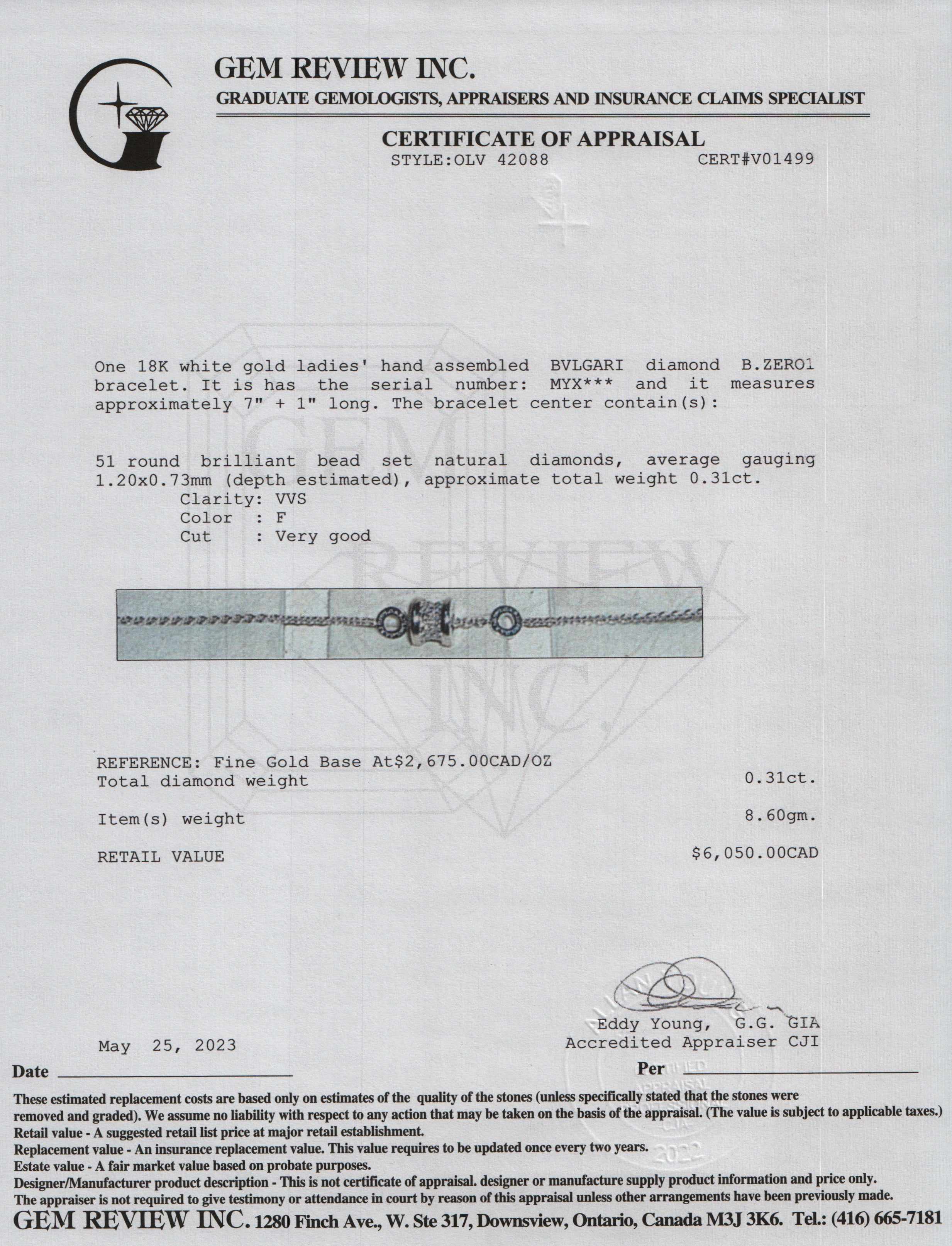 BVLGARI 18k White Gold Diamond B.Zero1 Bracelet w/ Certificate