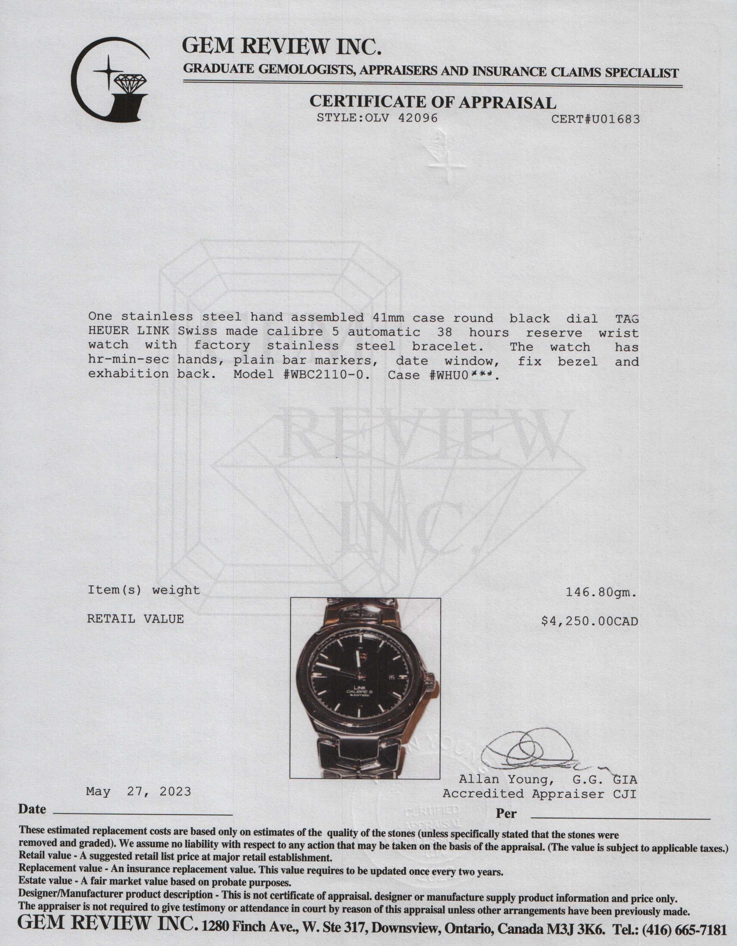 Tag Heuer Calibre 5 Automatic Link Watch w/ Box & Papers