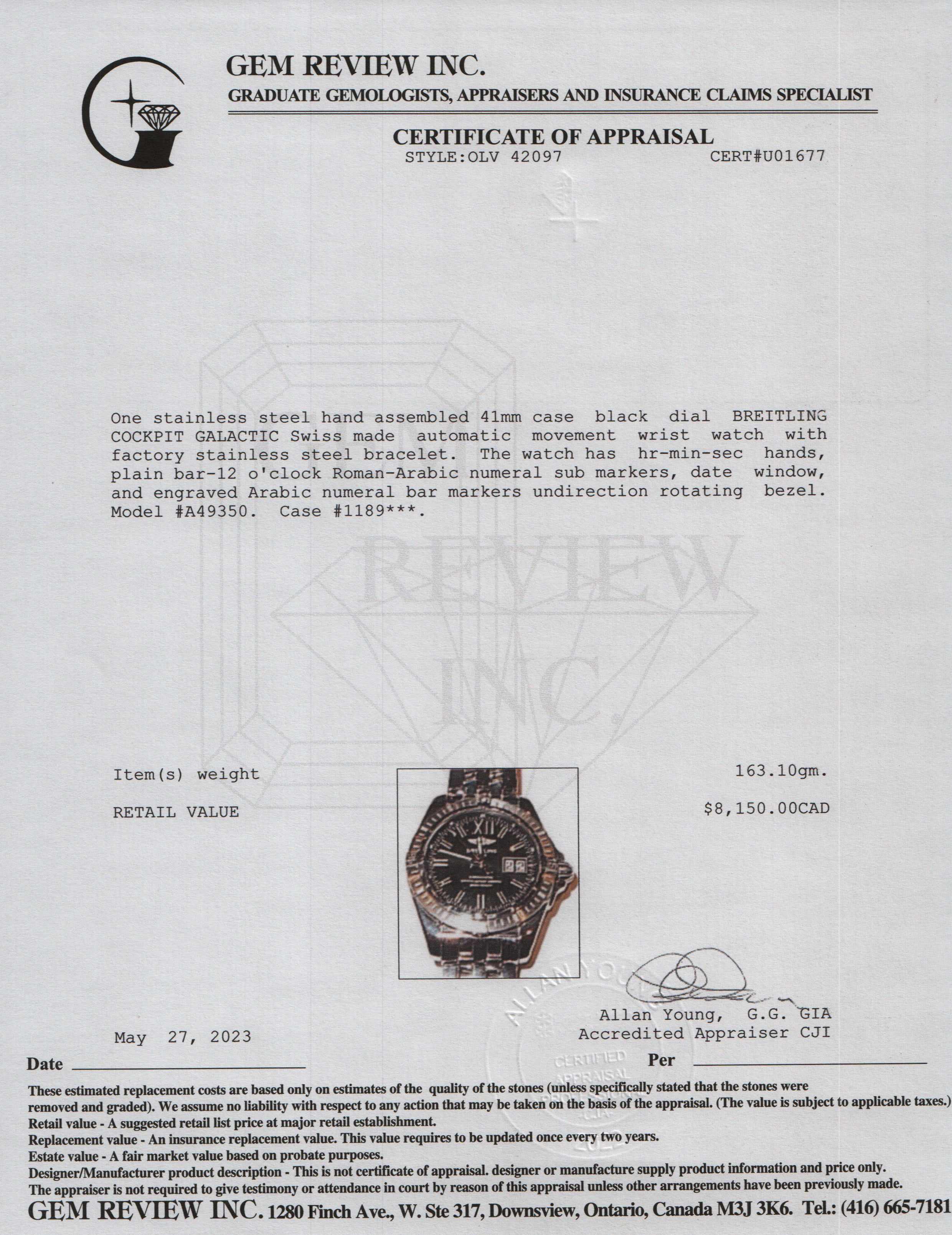 Breitling Cockpit Galactic 41MM Automatic Watch w/ Papers