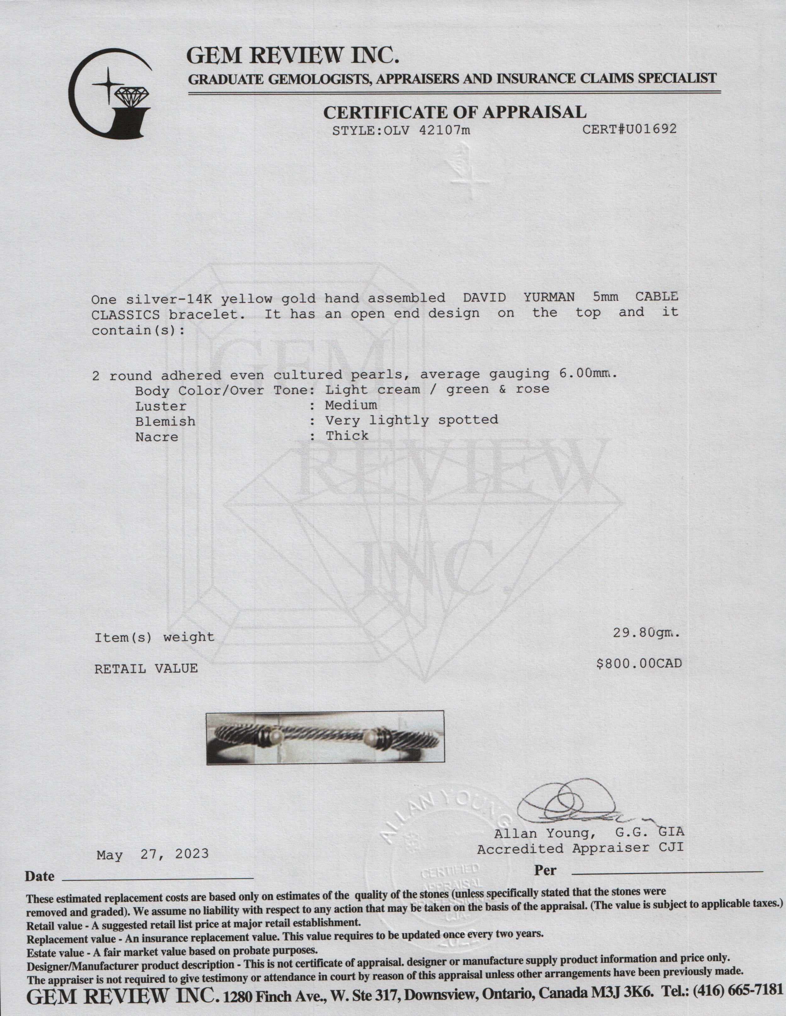 David Yurman Two-Tone 5 MM Cable Classics Bracelet with Pearls