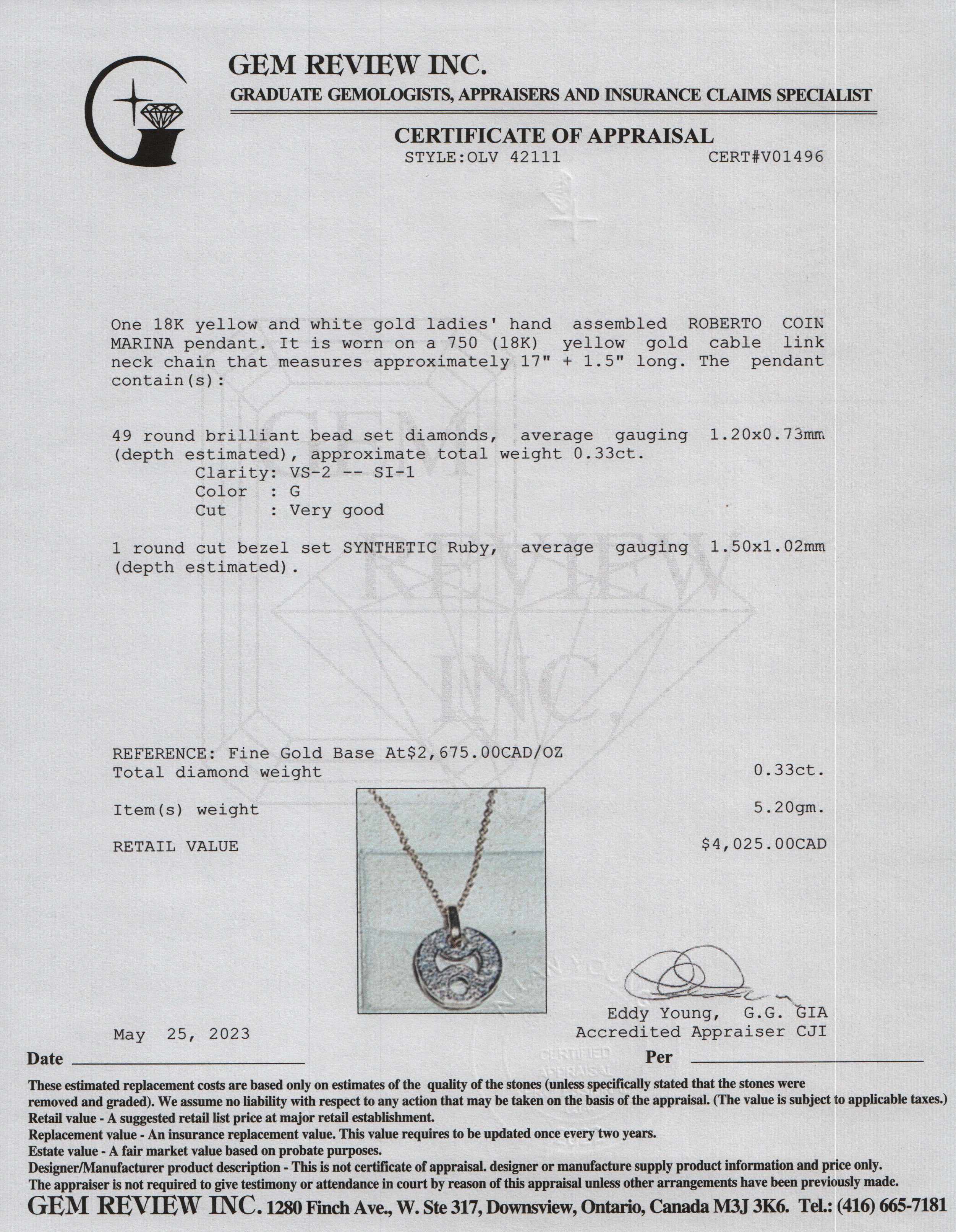 Roberto Coin 18k Yellow & White Gold Diamond Marina Pendant Necklace