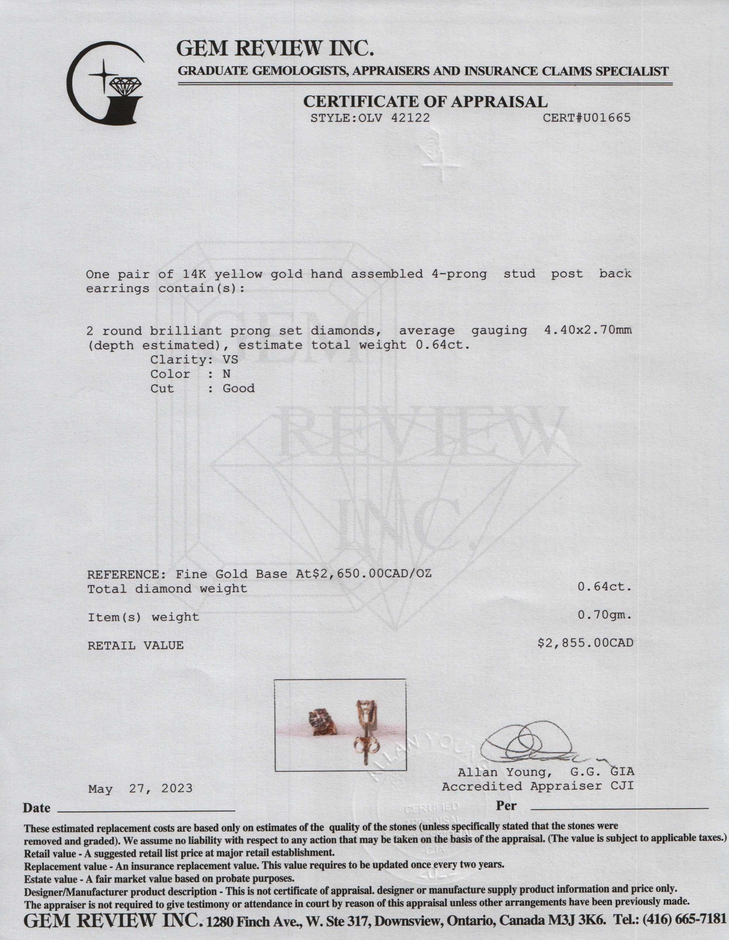 14k Yellow Gold 0.64 tcw. Diamond Stud Earrings