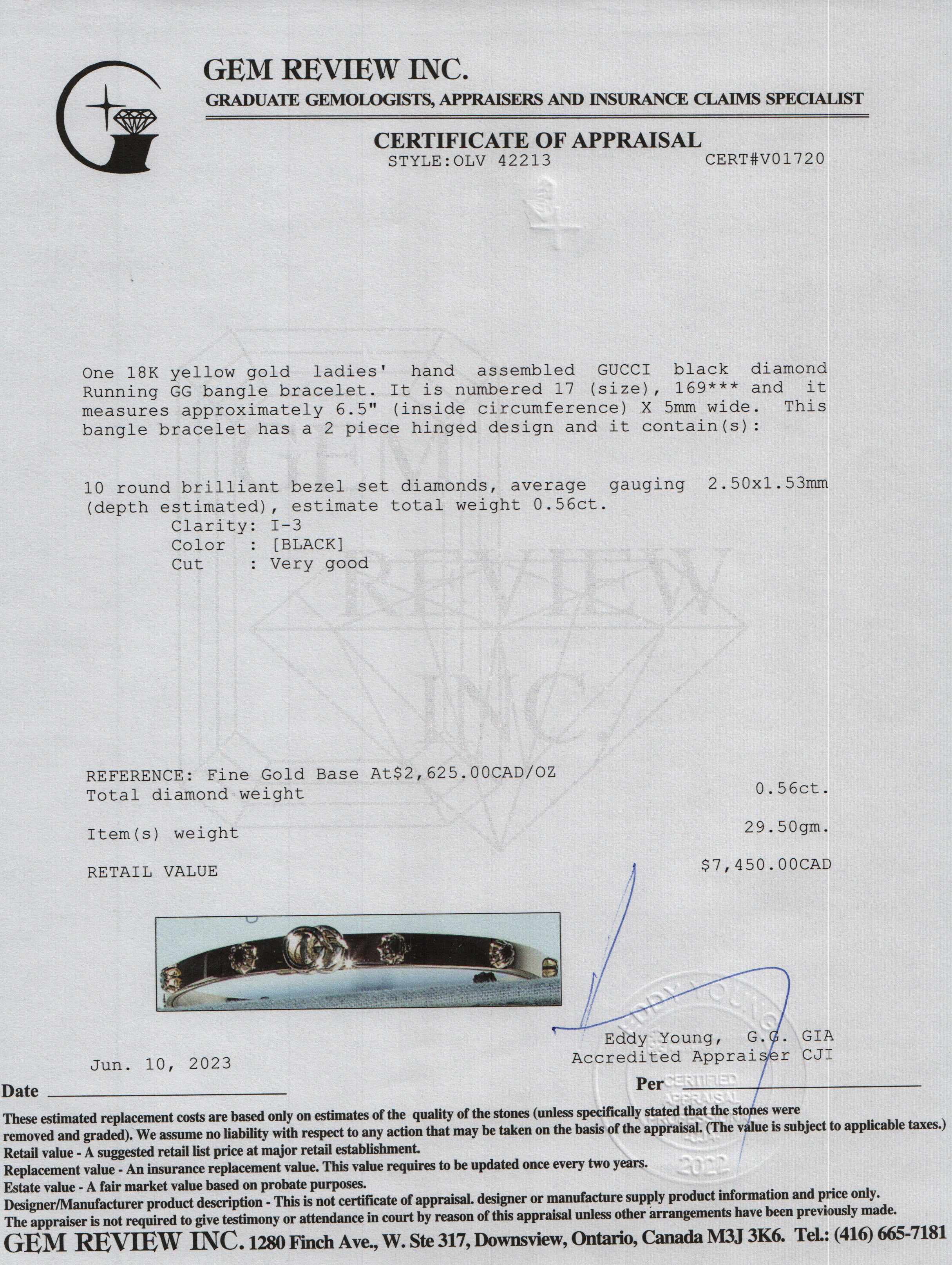 Gucci 18k Yellow Gold Black Diamond Running GG Bangle Bracelet