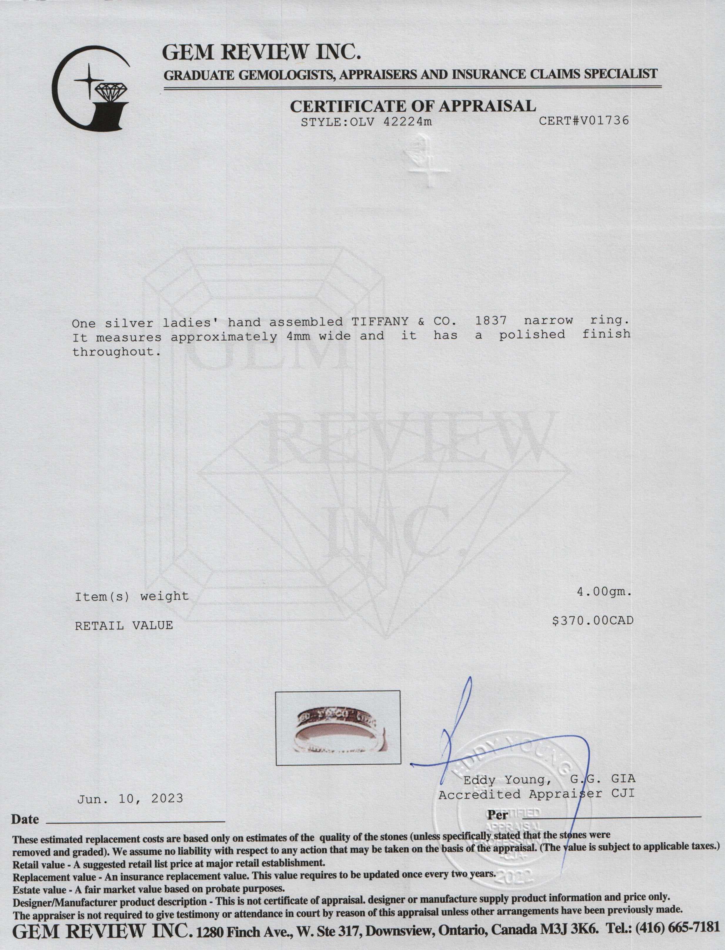 Tiffany & Co. Sterling Silver 1837 Narrow Ring