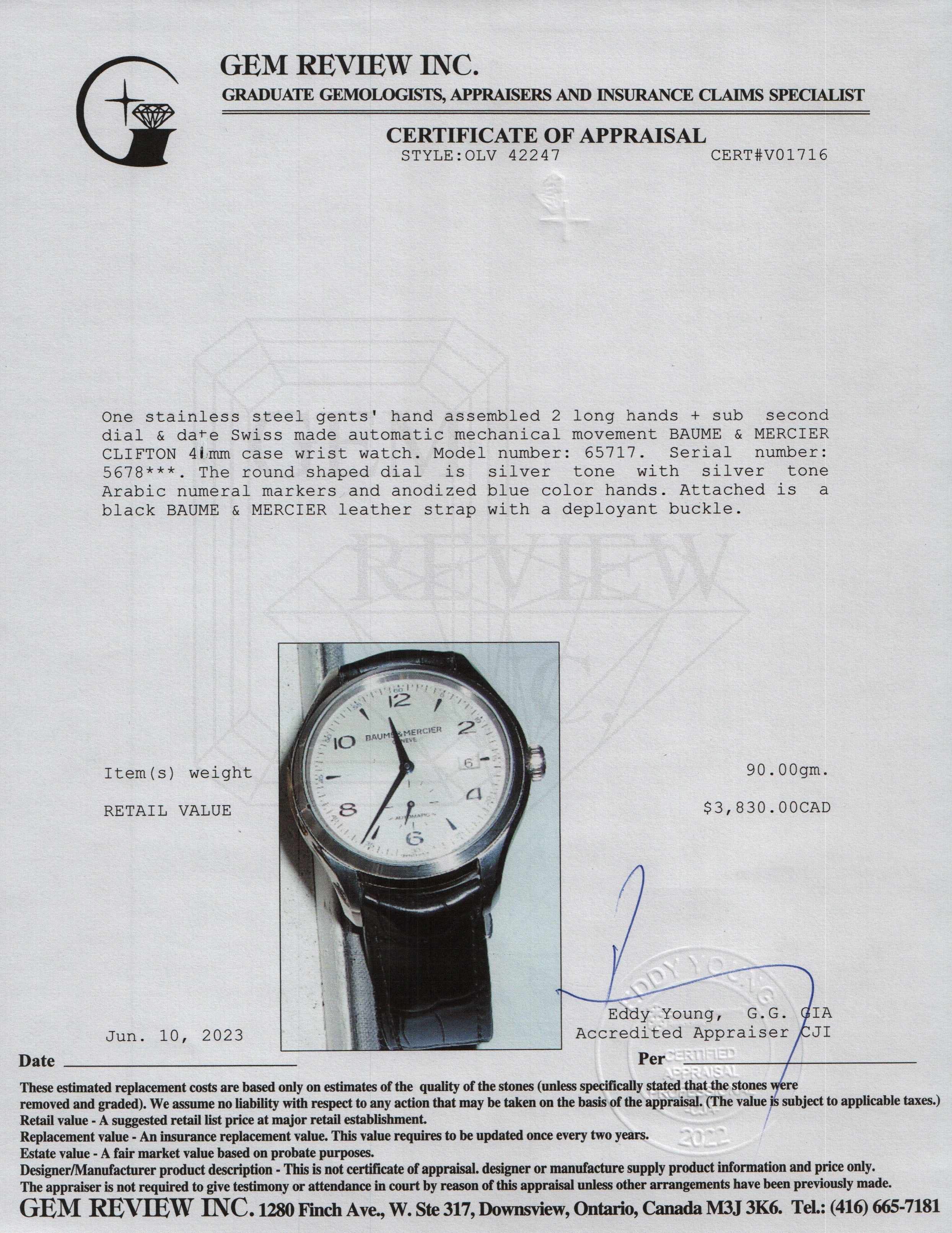 Baume & Mercier Clifton 41 MM Automatic Watch w/ Box & Papers