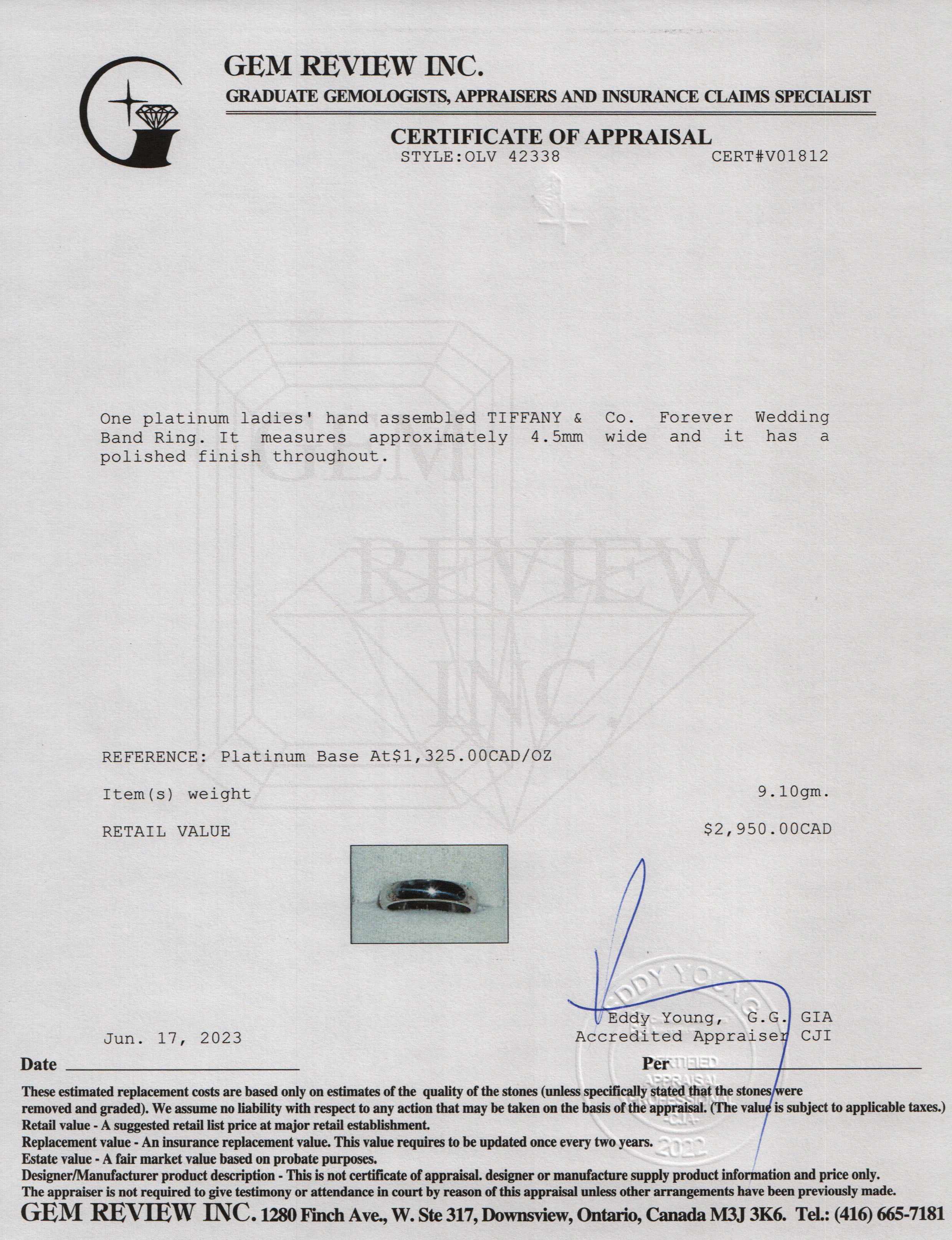 Tiffany & Co. Platinum Forever Wedding Band Ring, 4.5MM