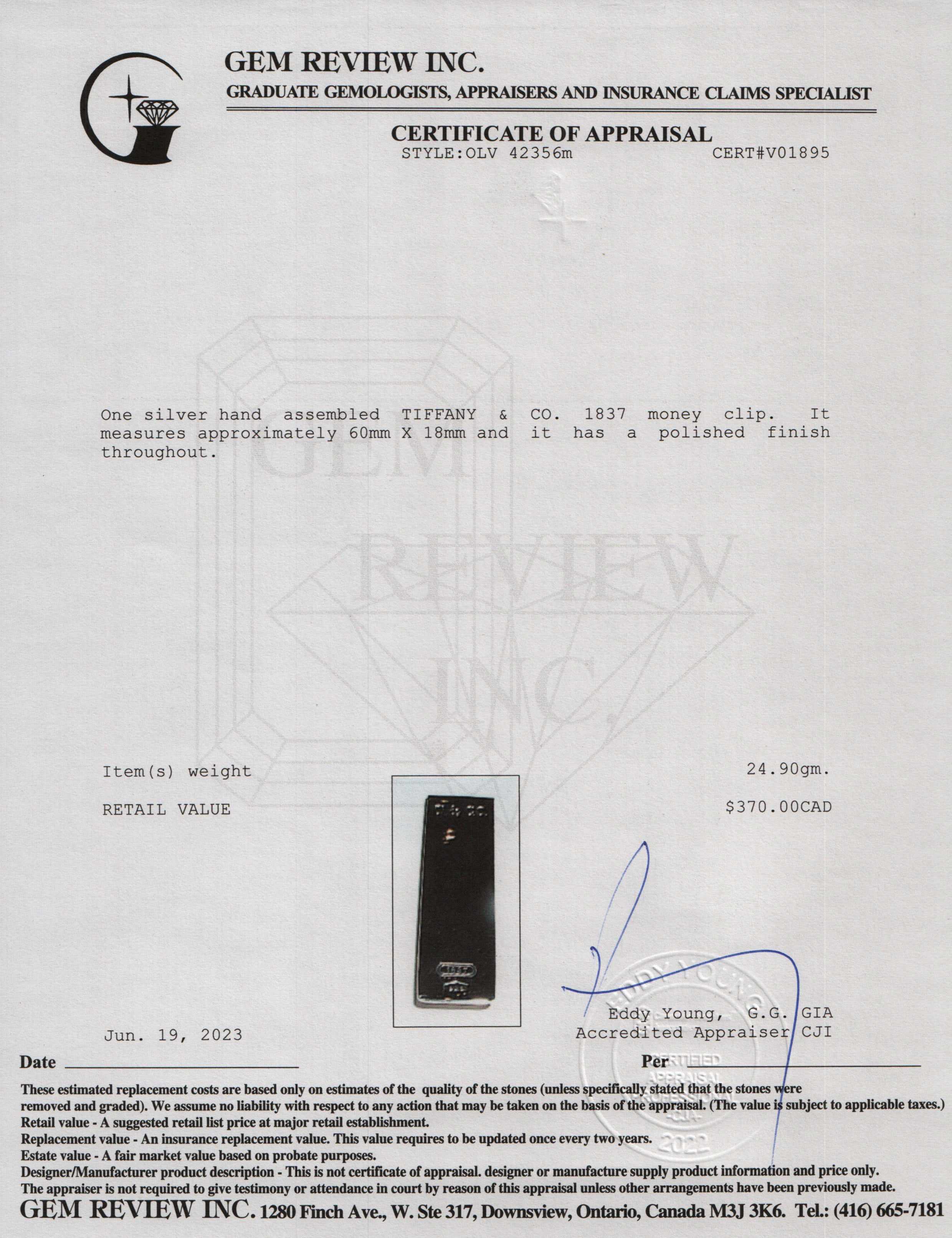 Tiffany & Co. Sterling Silver 1837 Money Clip