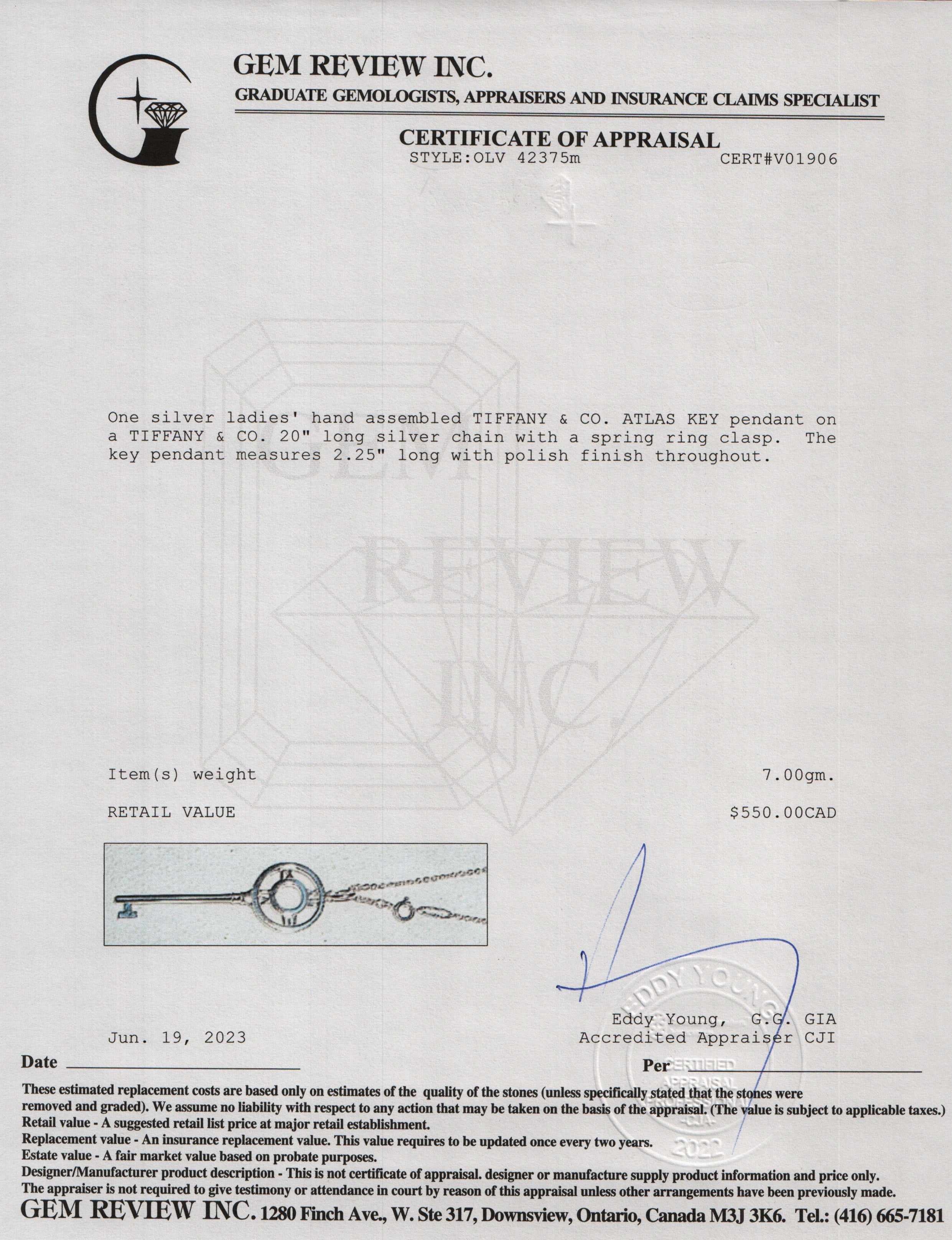 Tiffany & Co. Sterling Silver Atlas Key Pendant Necklace