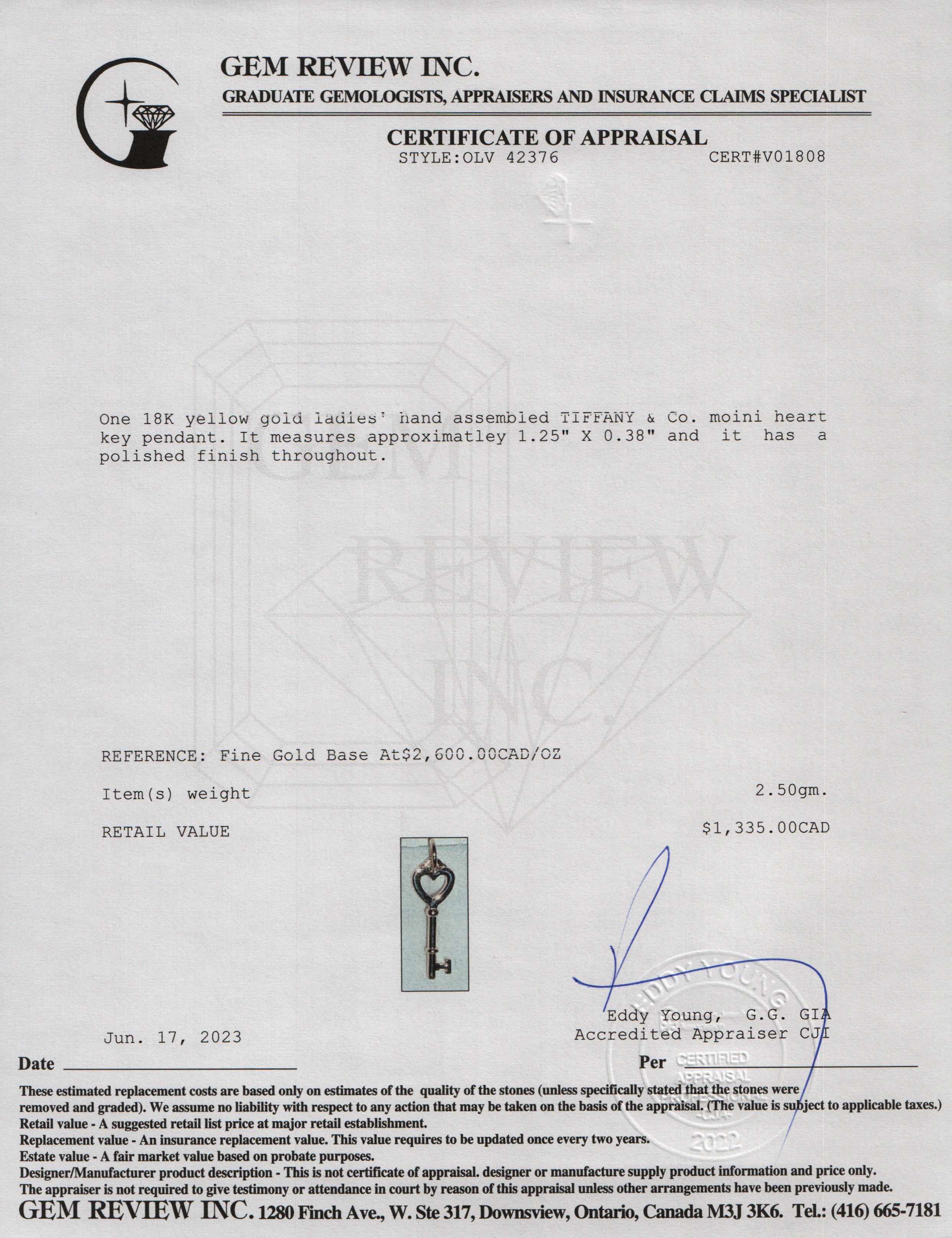 Tiffany & Co. 18k Yellow Gold Mini Heart Key Pendant