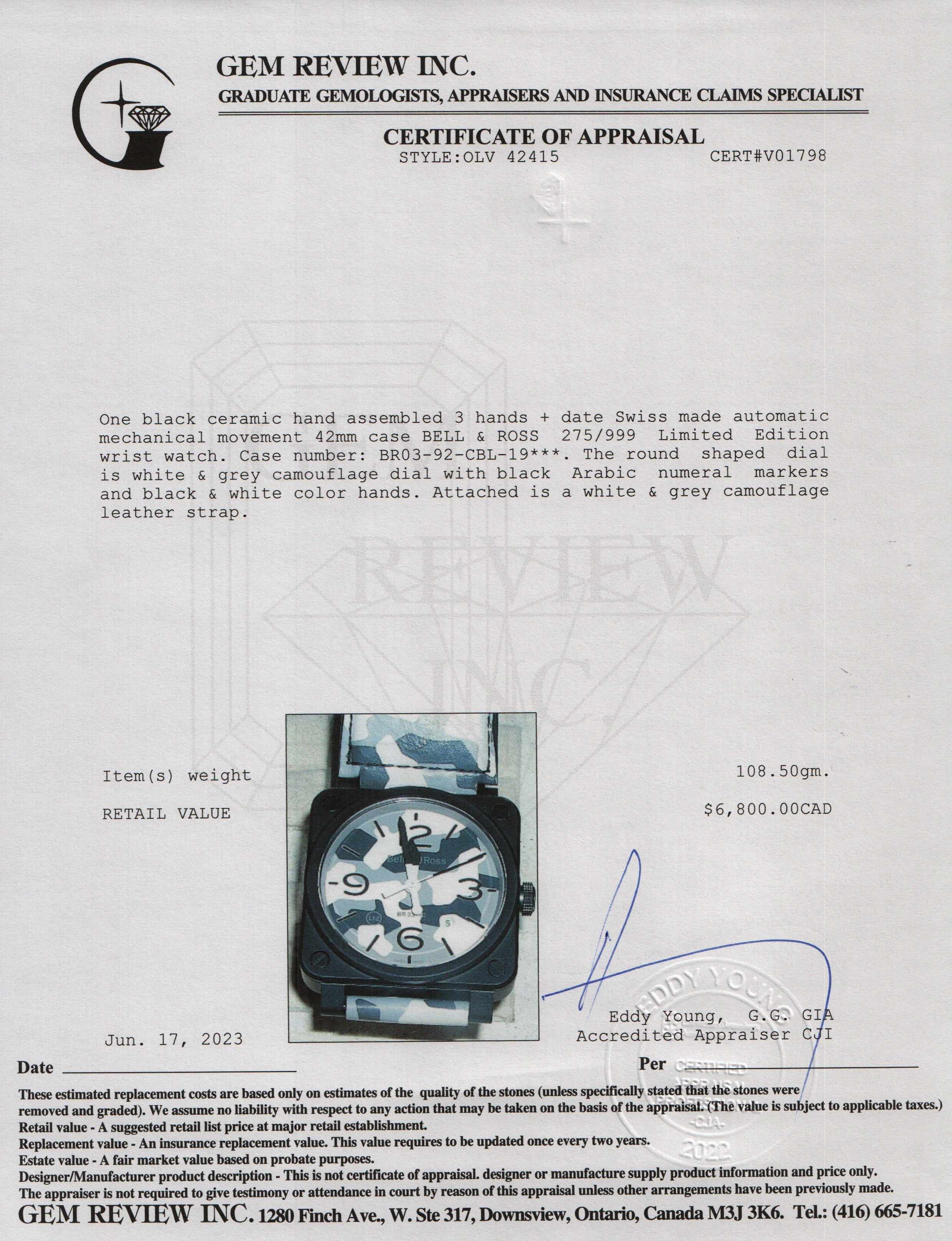 Bell & Ross Limited Edition BR 03-92 White Camo 42MM Watch w/ Box & Papers