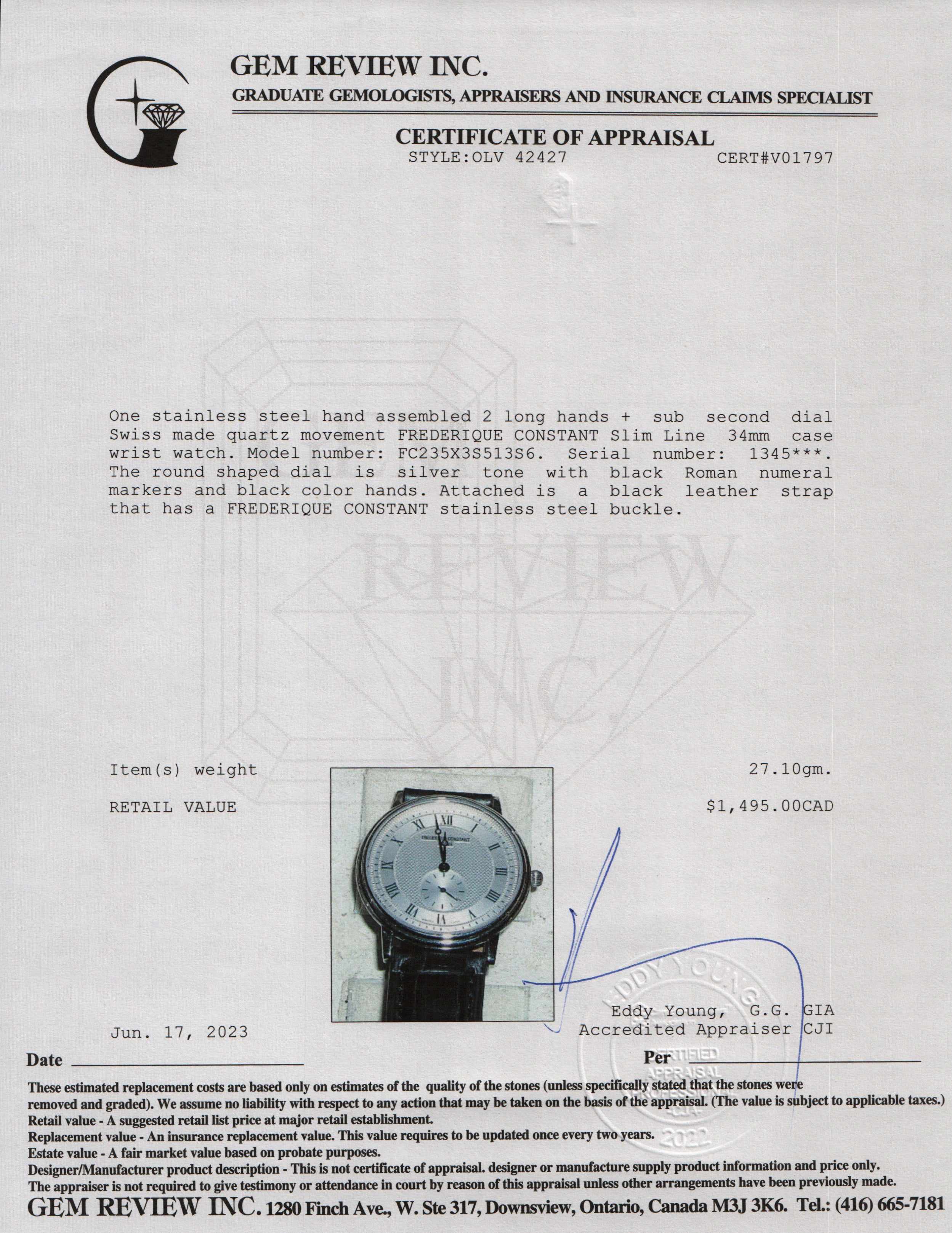 Frederique Constant Slim Line 34MM Watch w/ Box