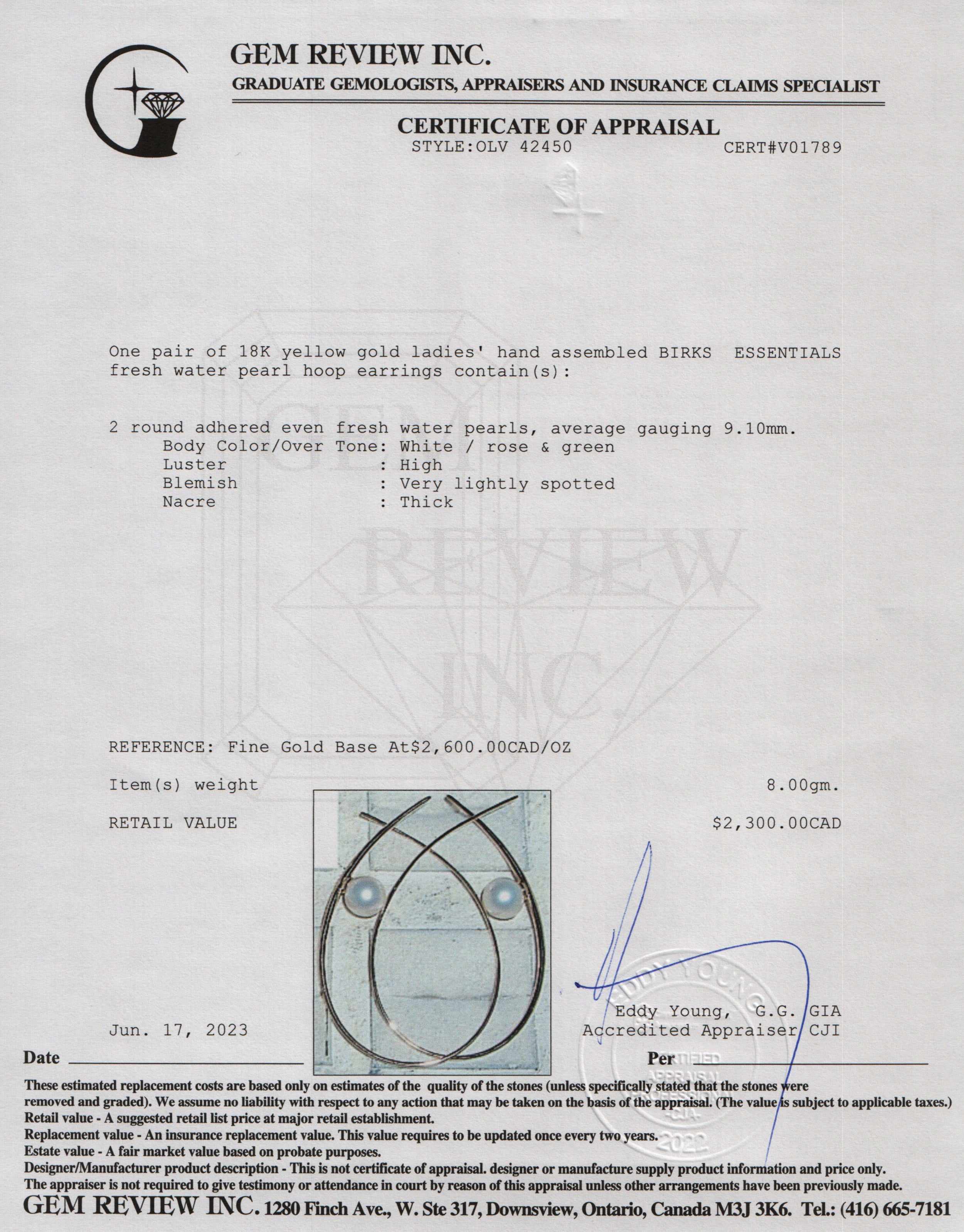 Birks Essentials 18k Yellow Gold 9 MM Pearl Hoop Earrings