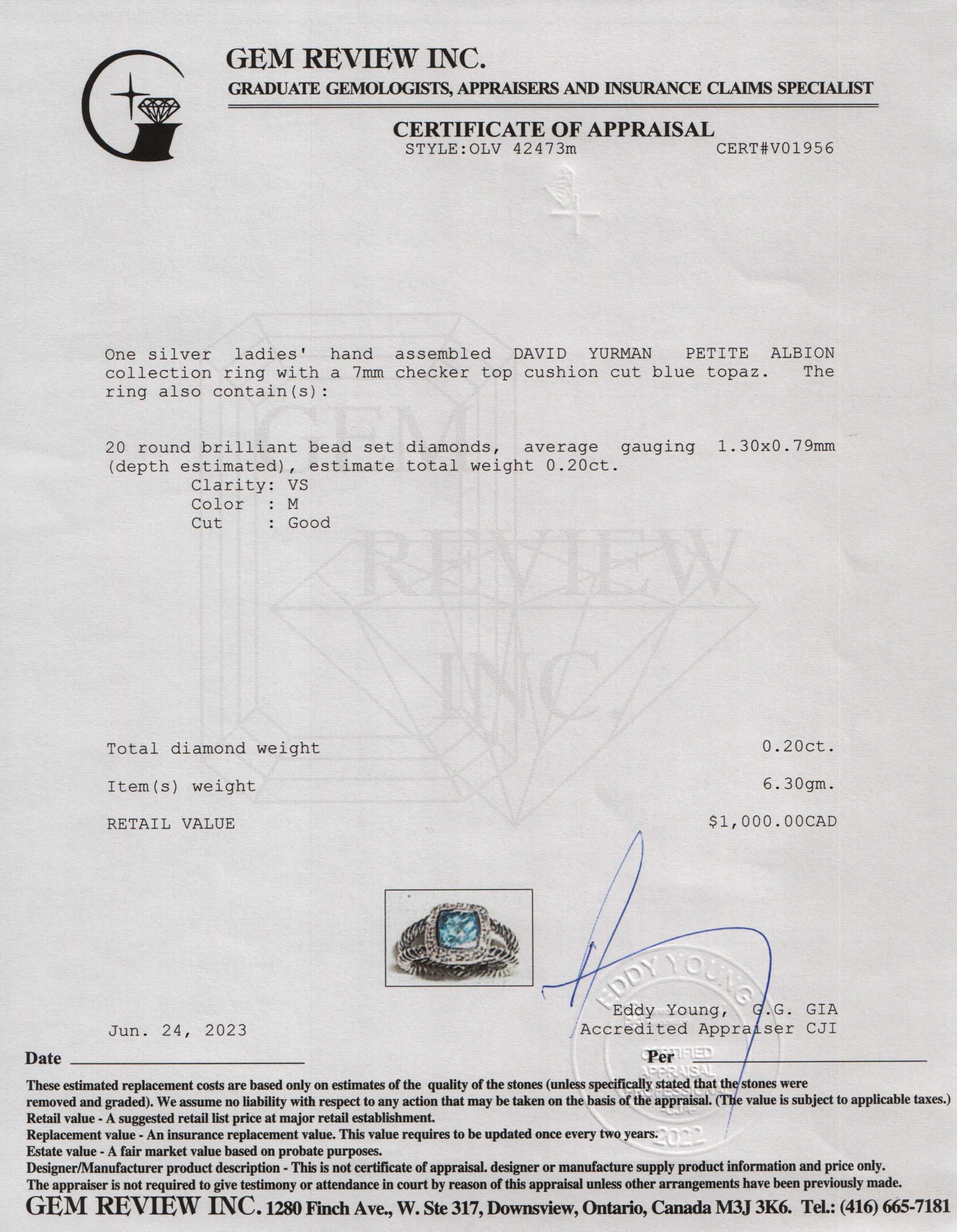 David Yurman Petite Albion Ring with Blue Topaz and Diamonds