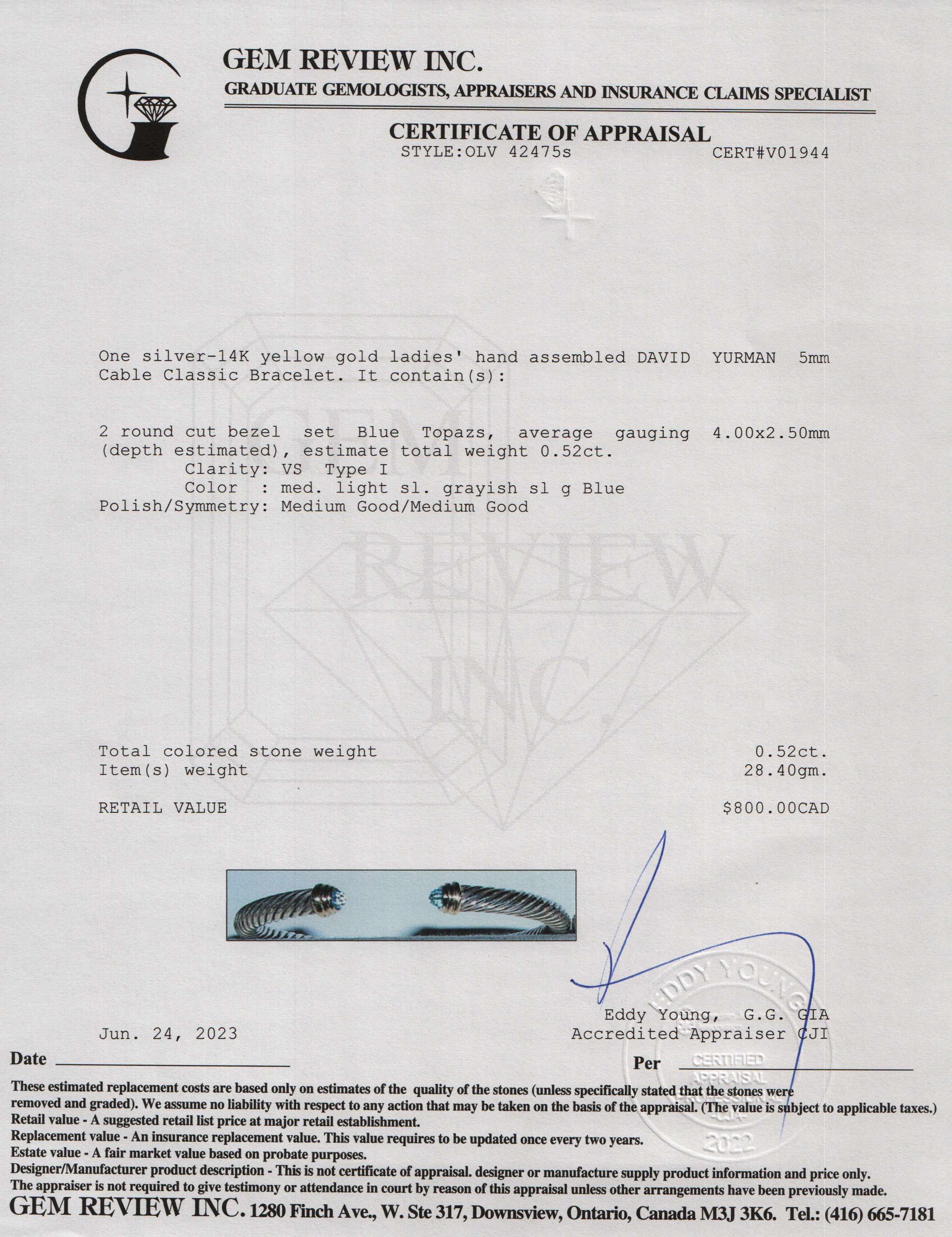 David Yurman Two-Tone 5 MM Cable Classics Bracelet with Blue Topaz