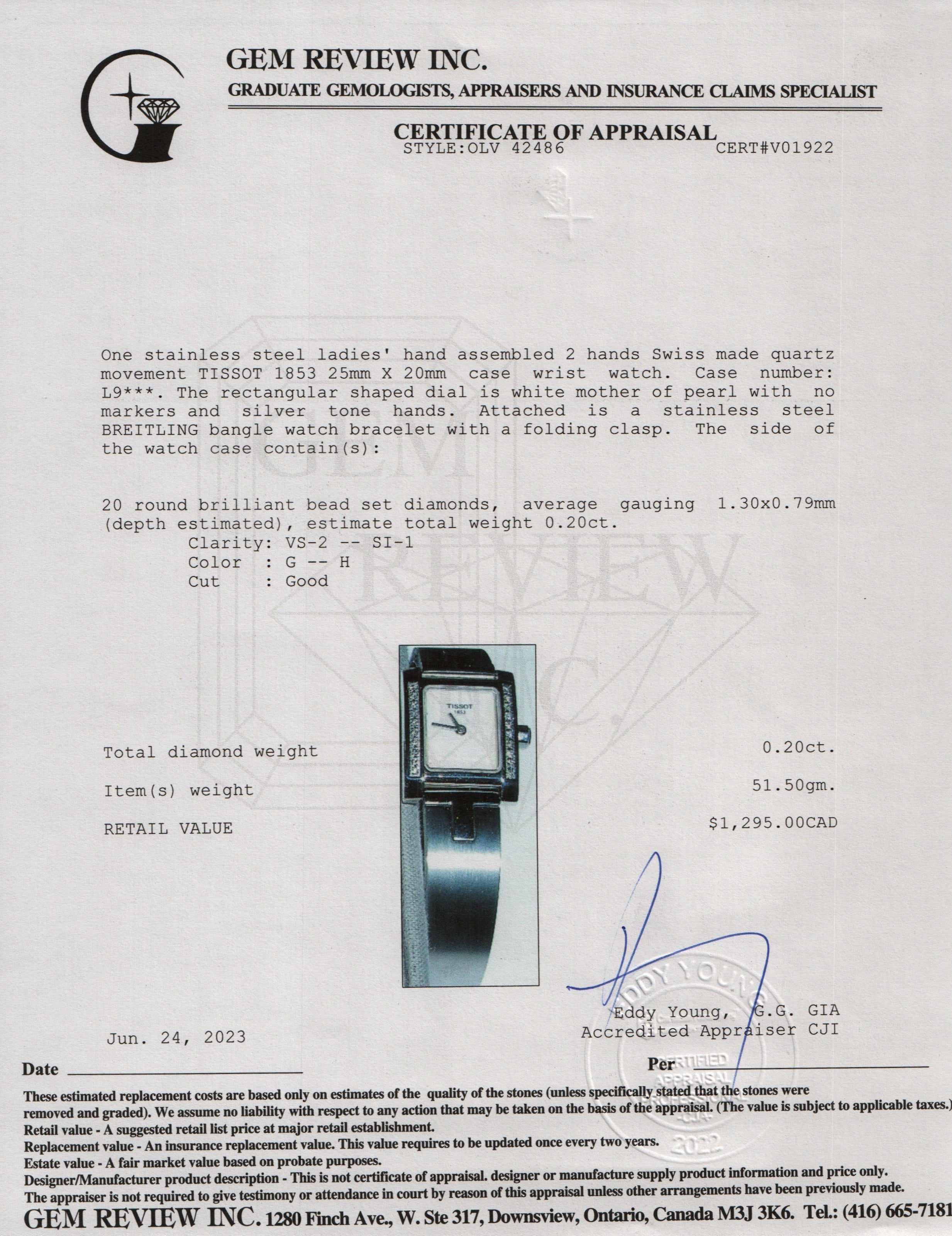 Tissot 1853 Diamond Watch w/ Box & Papers