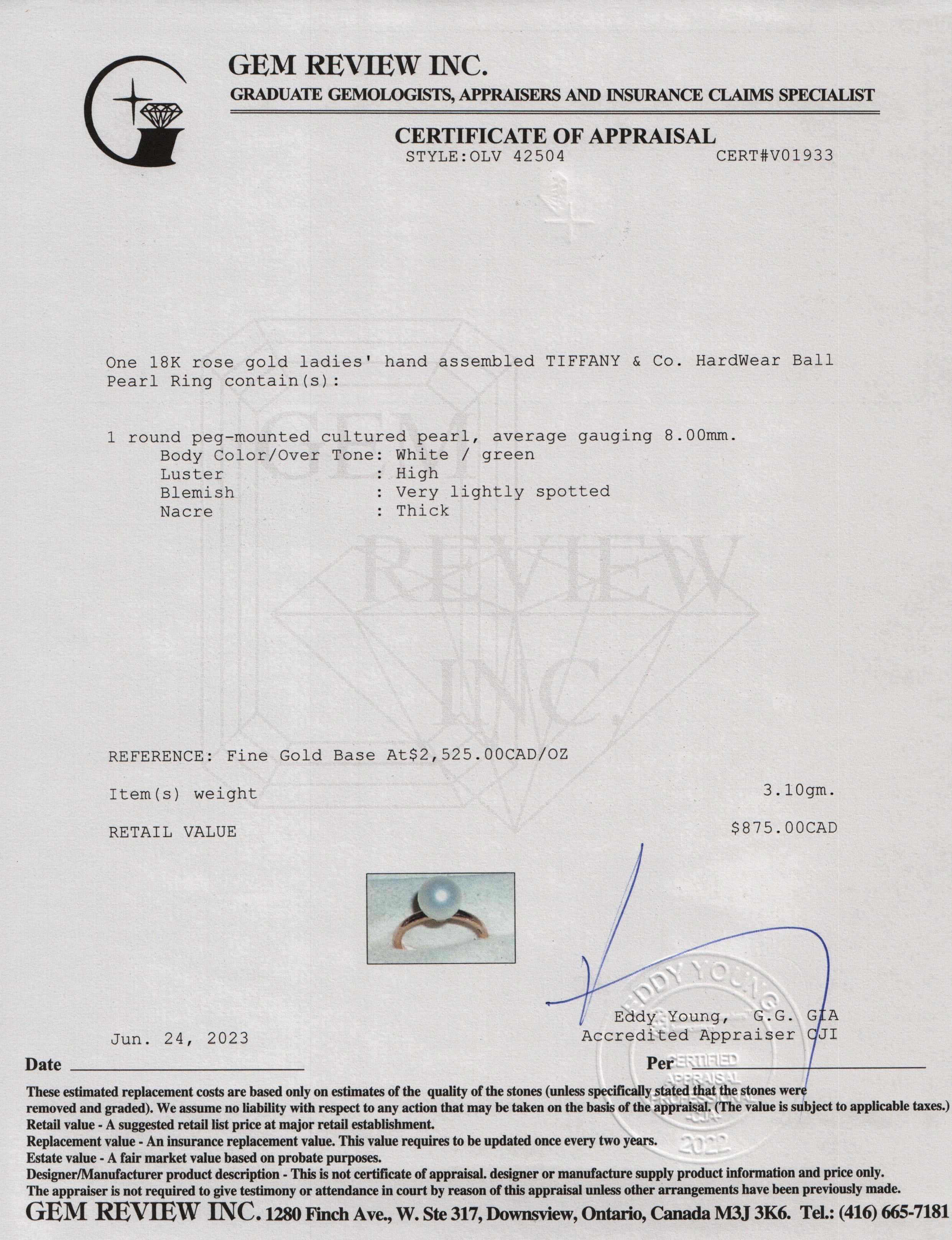 Tiffany & Co. 18k Rose Gold HardWear Ball Pearl Ring, 8MM w/ Box & Receipt