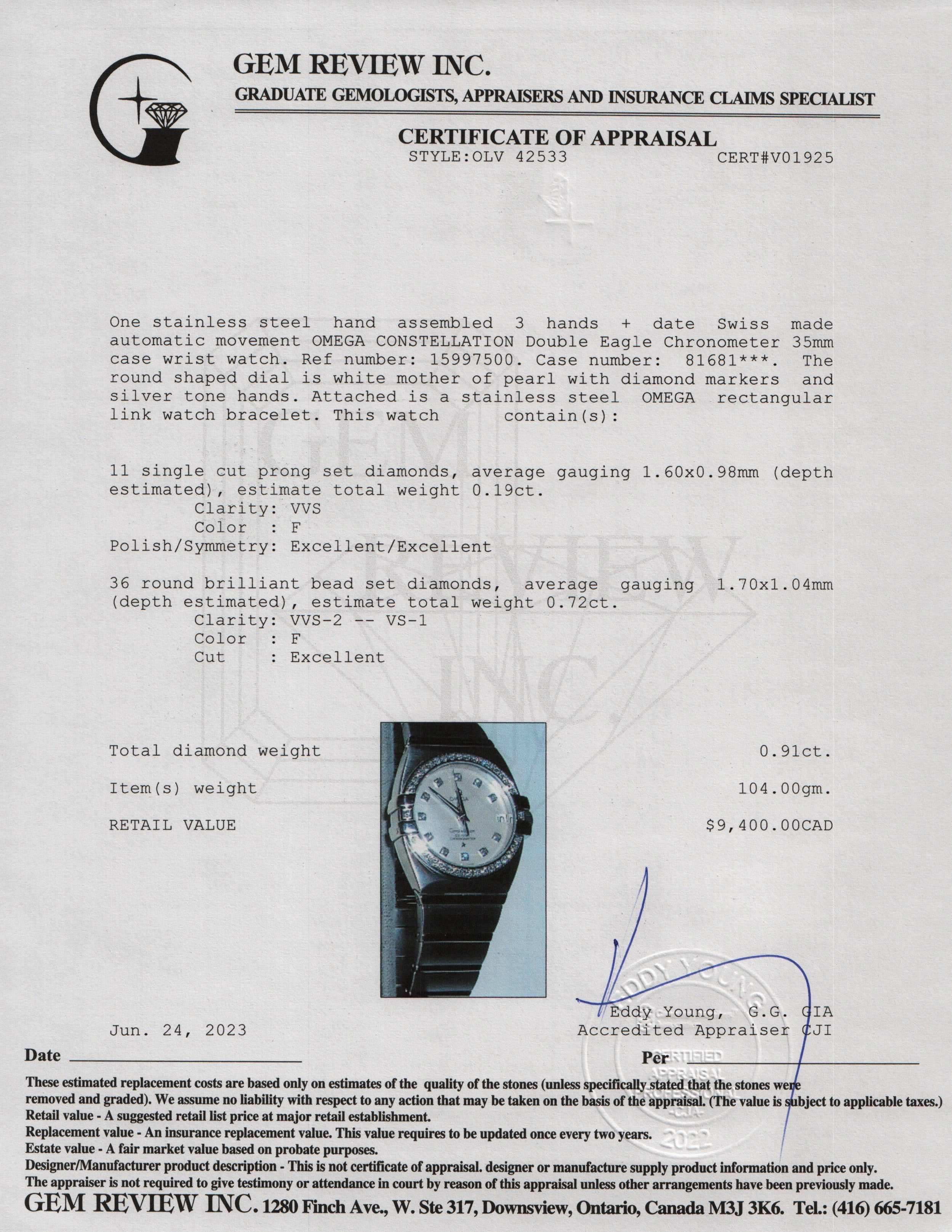 Omega Diamond Constellation Double Eagle Chronometer Automatic Watch w/ Box & Papers