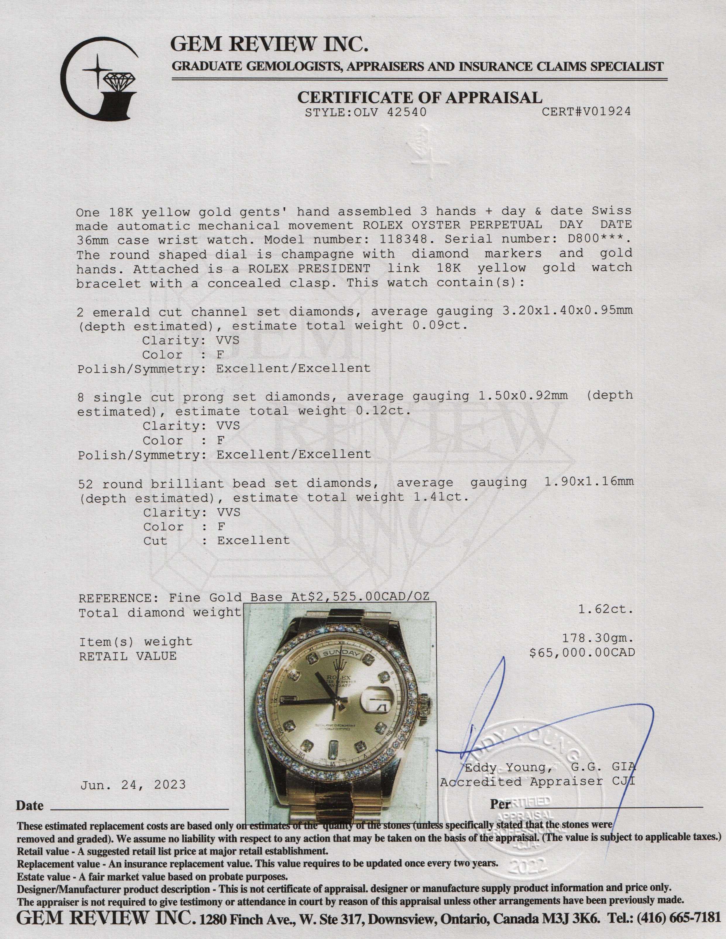 Rolex 18k Yellow Gold Diamond Day-Date President 36 MM Watch w/ Box & Papers