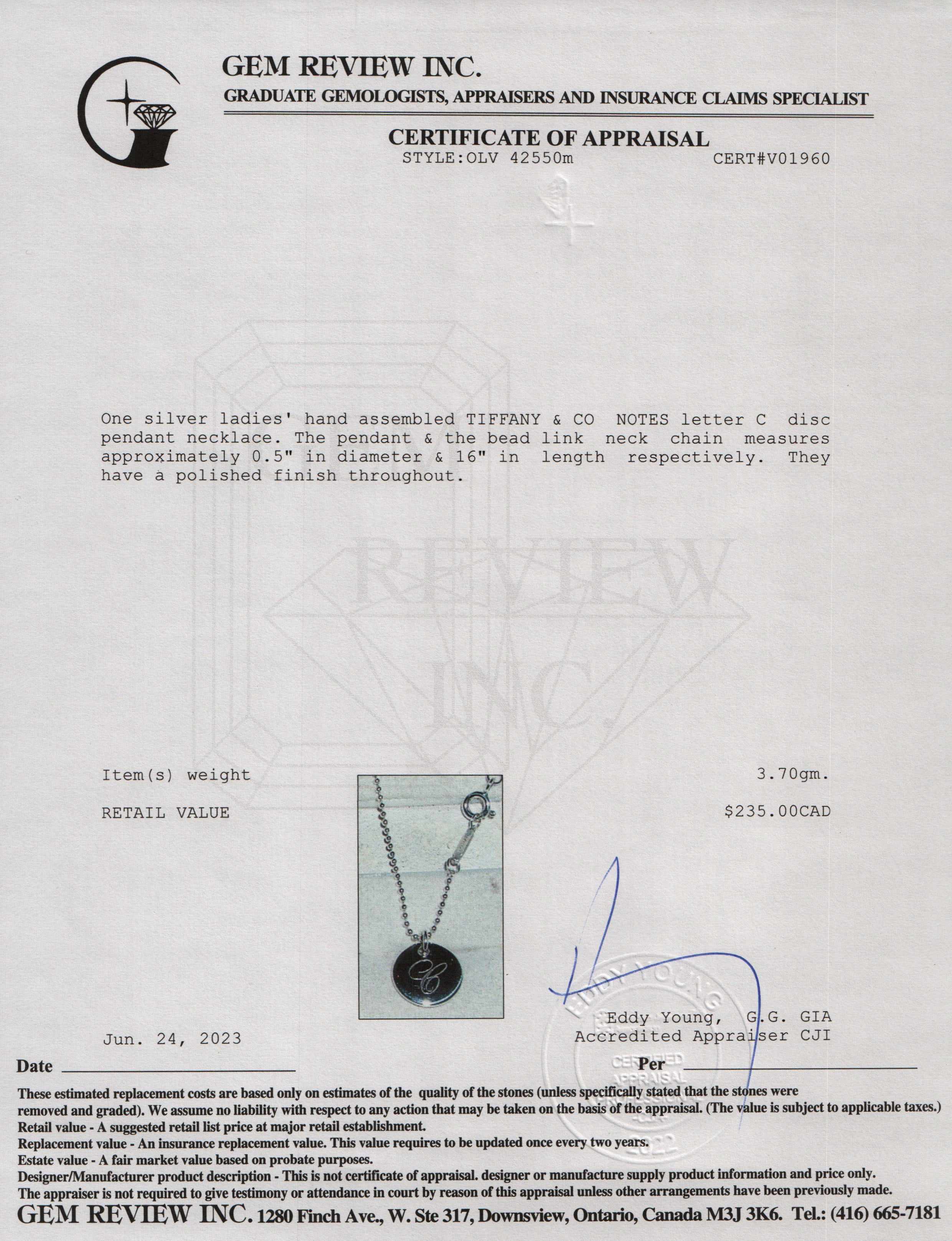 Tiffany & Co. Notes Letter 'C' Disc Charm Pendant Necklace