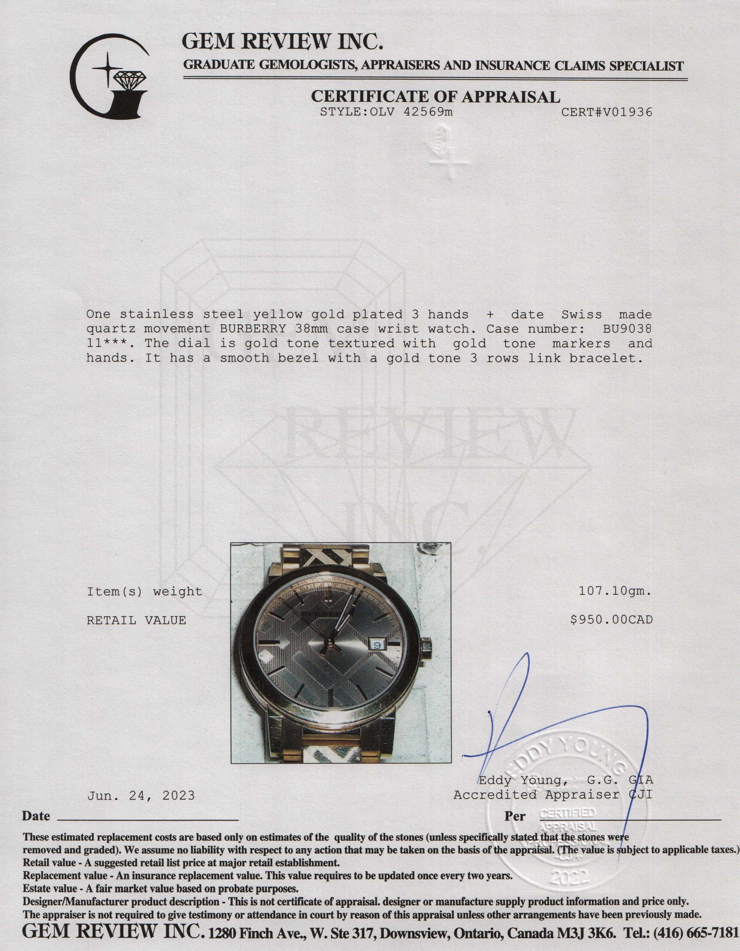 Burberry BU9038 The City 38 MM Watch w/ Box