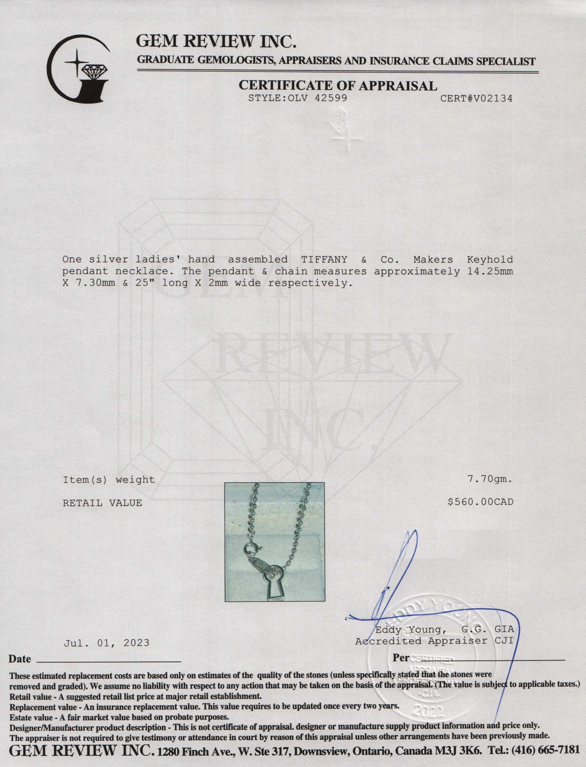 Tiffany & Co. Sterling Silver Makers Keyhole Pendant Necklace