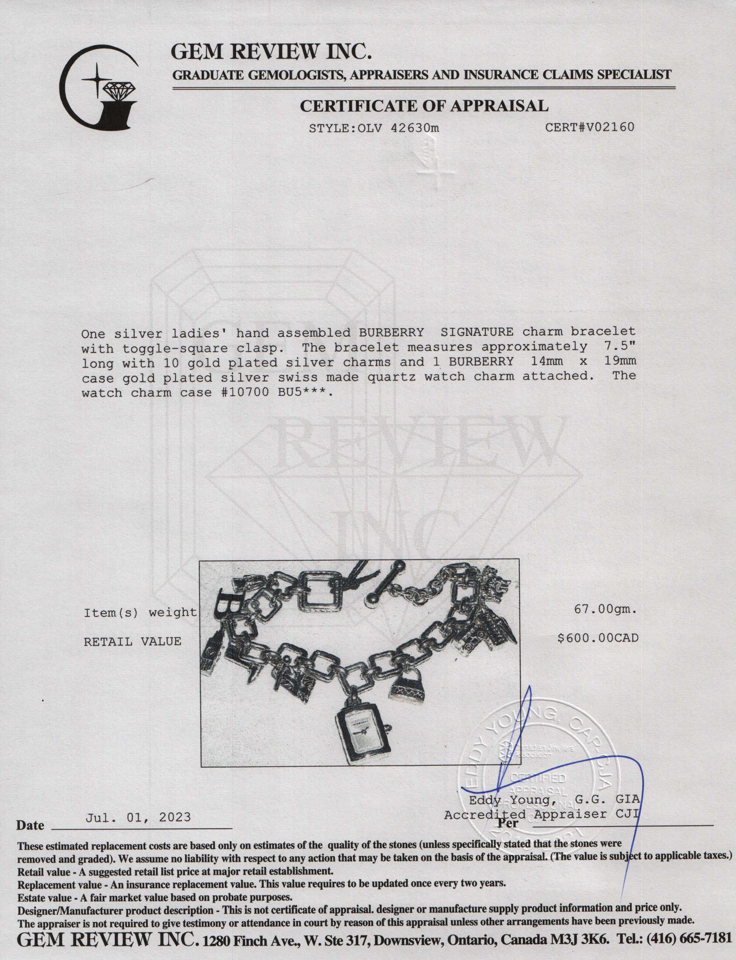 Burberry Sterling Silver Charm Bracelet Watch