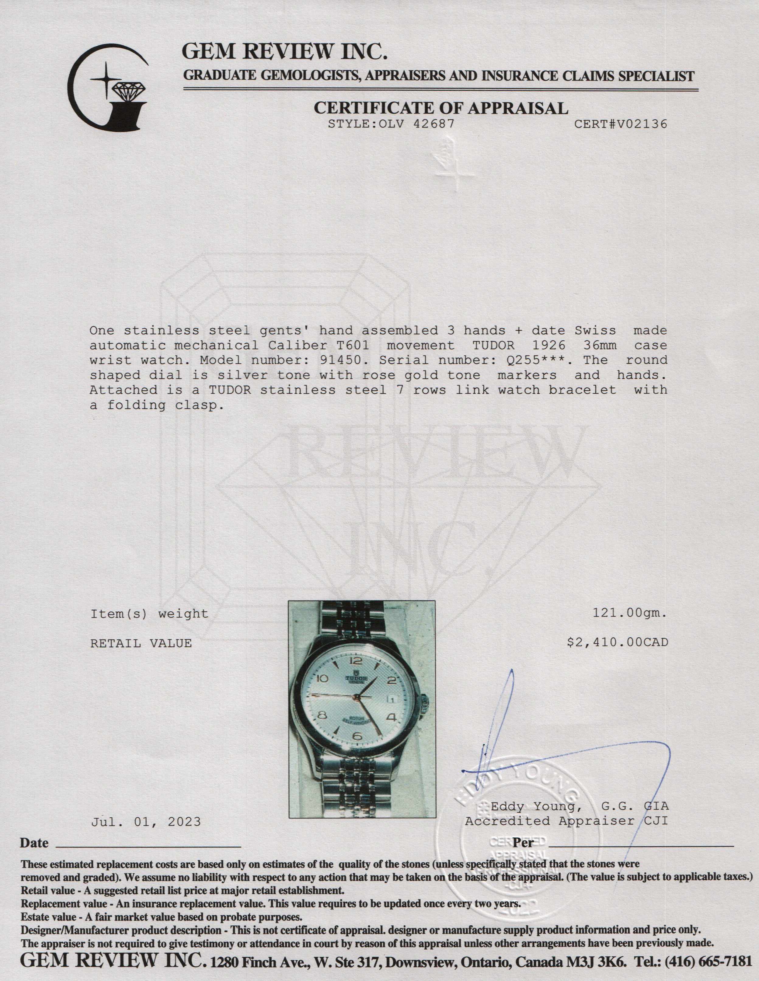Tudor 1926 36MM Automatic Watch w/ Box & Papers