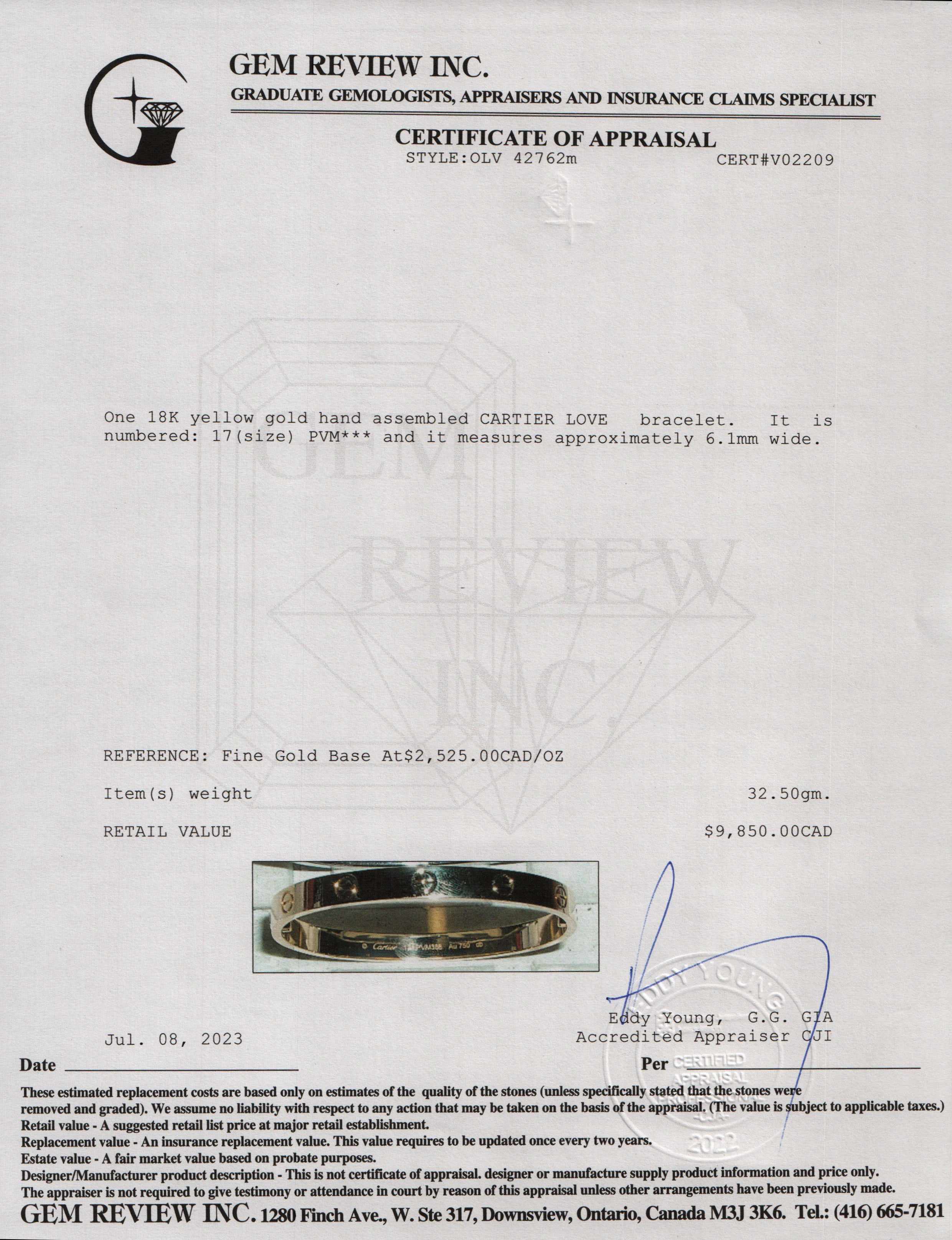 Cartier 18k Yellow Gold Love Bracelet w/ Box & Certificate