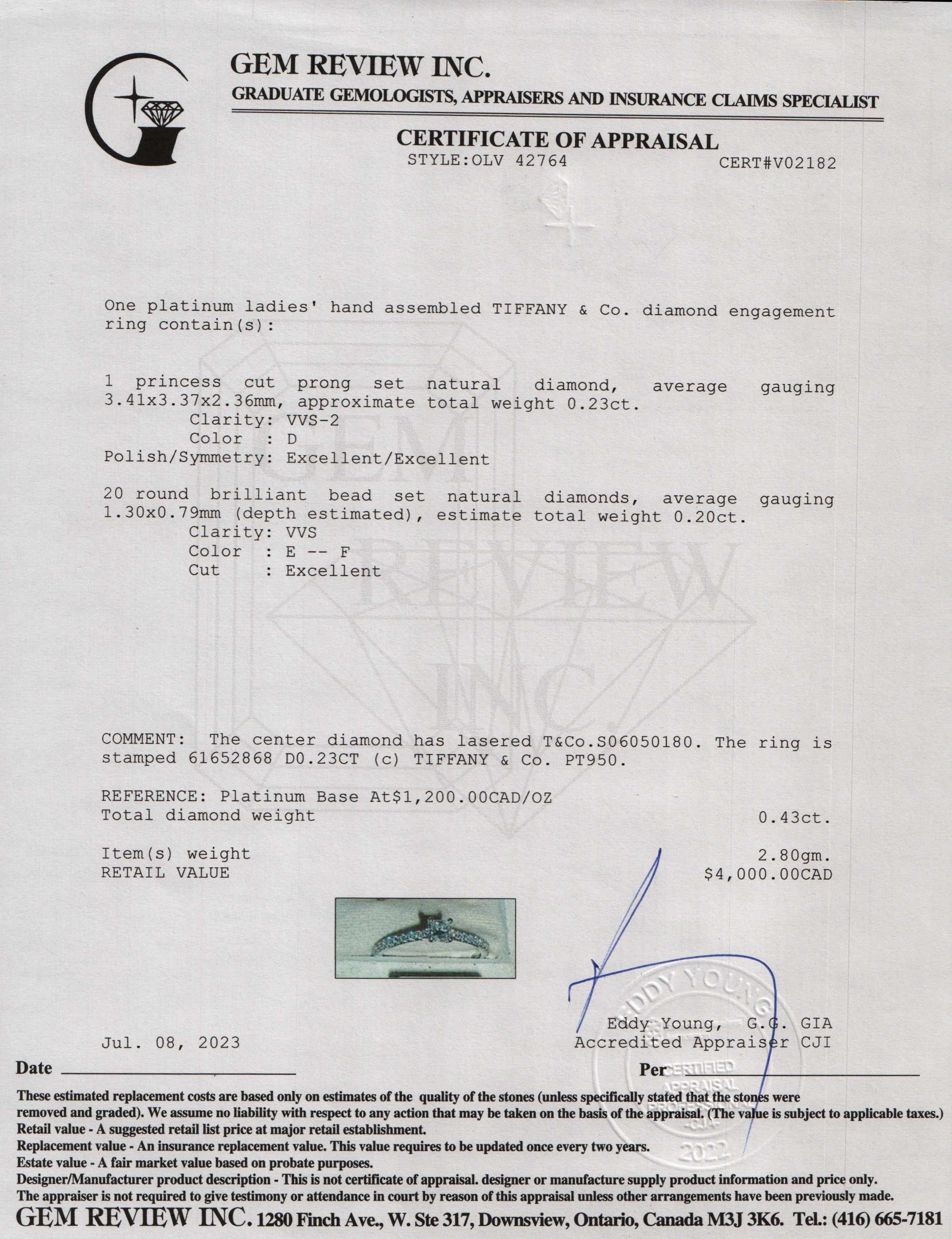 Tiffany & Co. Novo 0.23 ct. Princess Cut Diamond Engagement Ring w/ Diamond Certificate