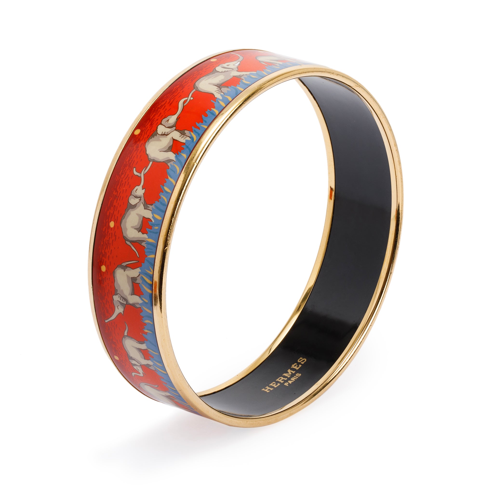 Hermes Wide Elephant Print Enamel Bangle Bracelet w/ Box