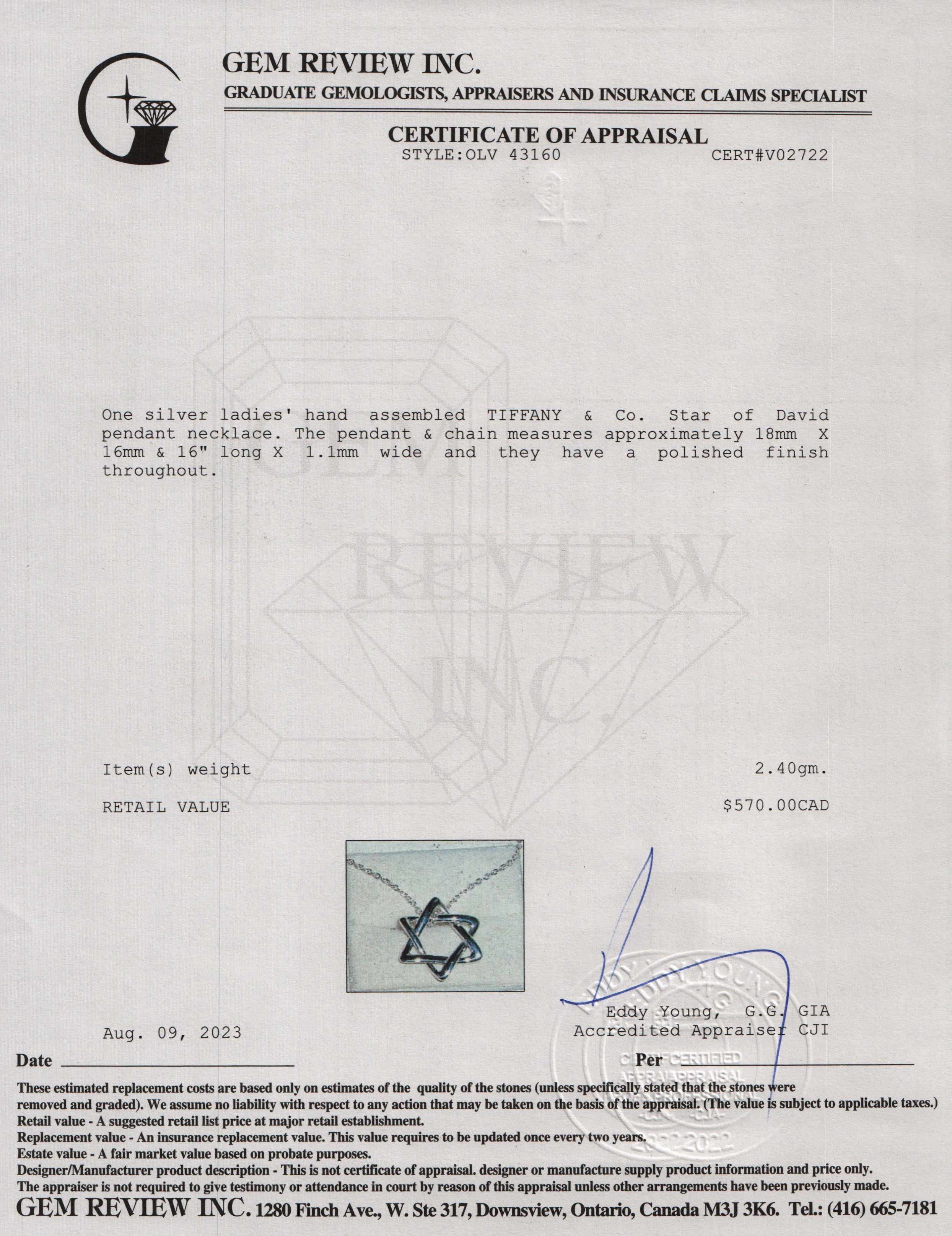 Tiffany & Co. Elsa Peretti Star of David Pendant Necklace, 18 MM