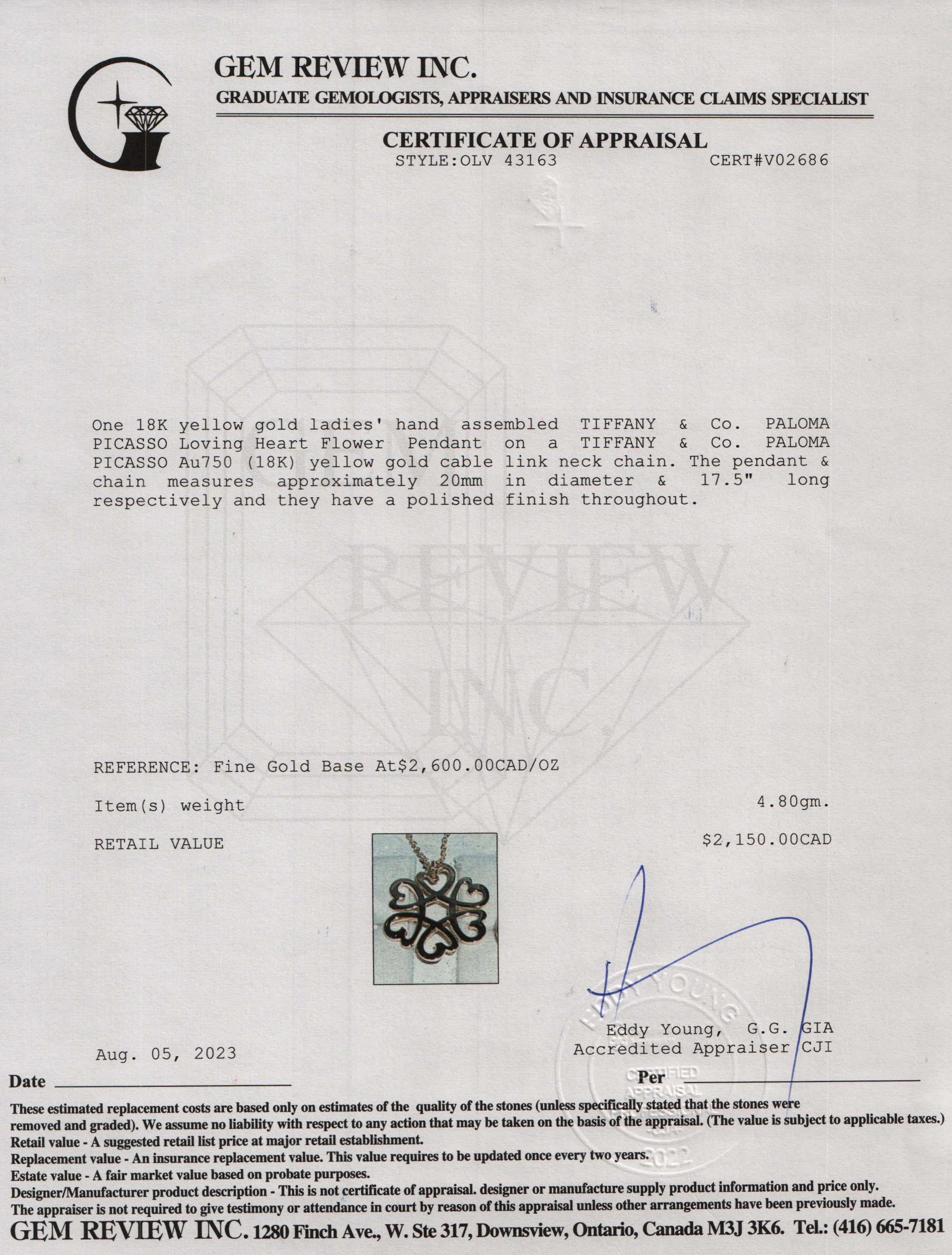 Tiffany & Co. 18k Gold Paloma Picasso Loving Heart Flower Pendant Necklace