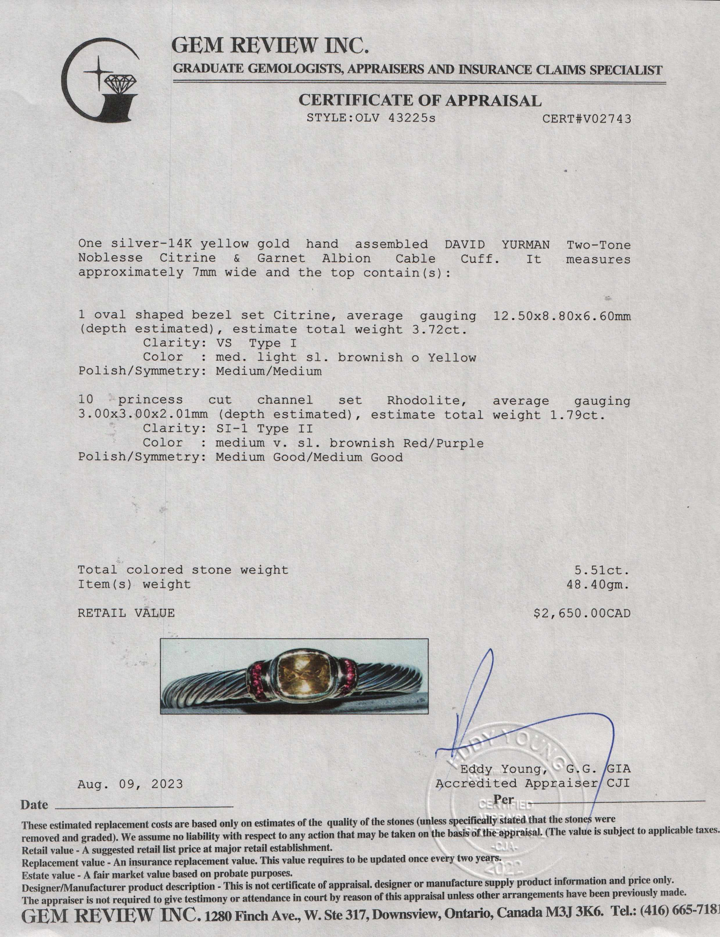 David Yurman Two-Tone Citrine & Garnet Cable Cuff