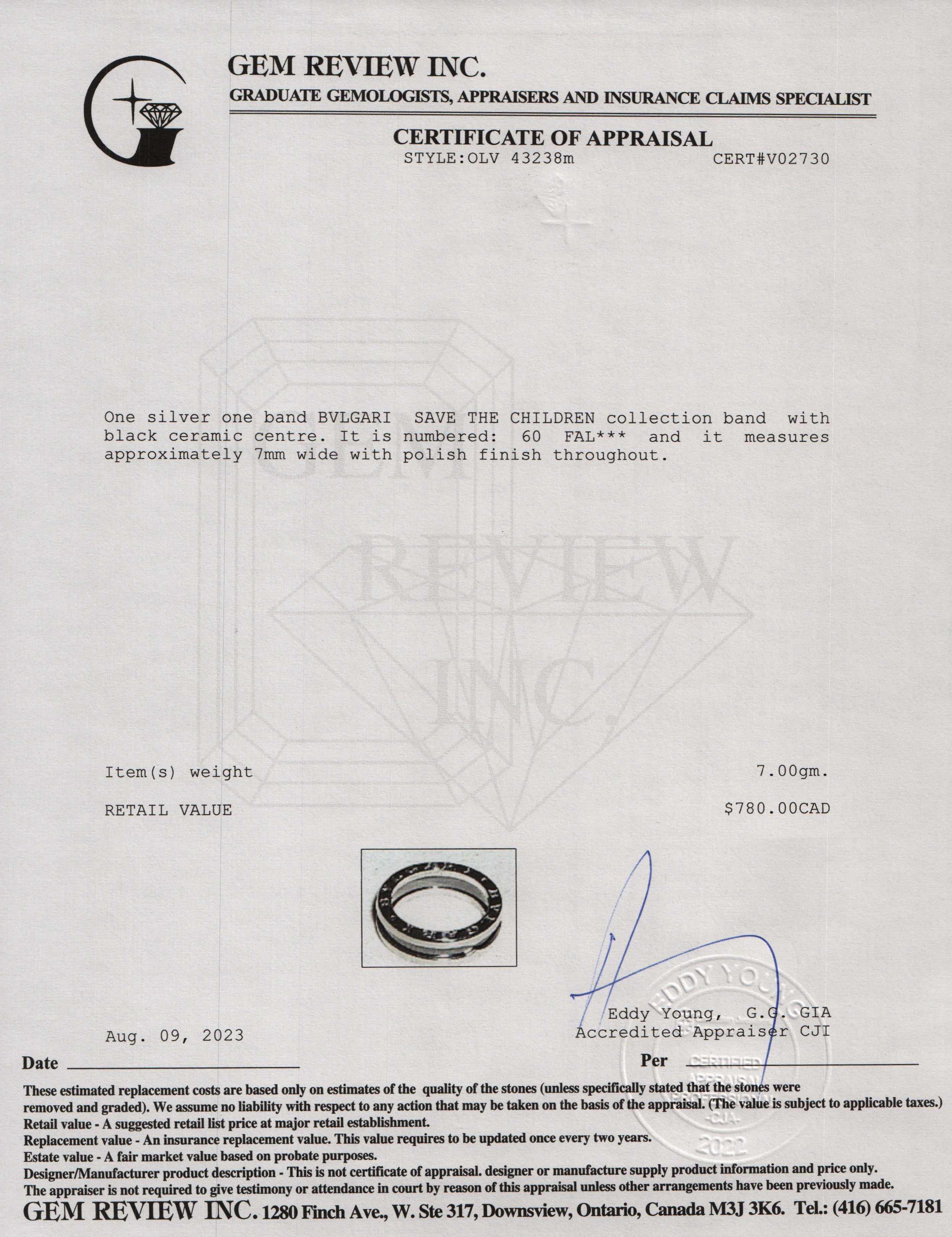 BVLGARI Save the Children One-Band Ring with Black Ceramic