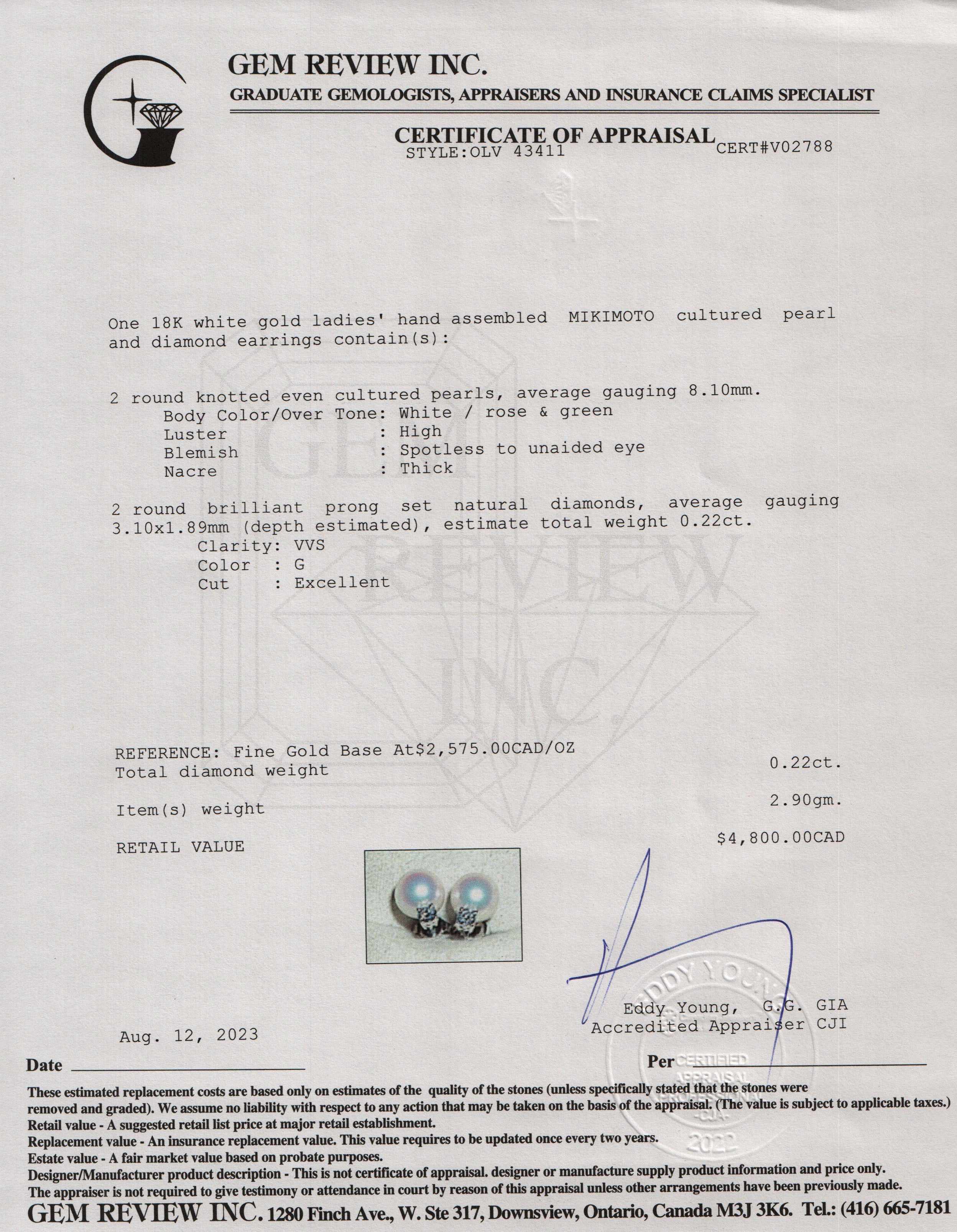 Mikimoto 18k White Gold Diamond & Akoya Pearl Stud Earrings