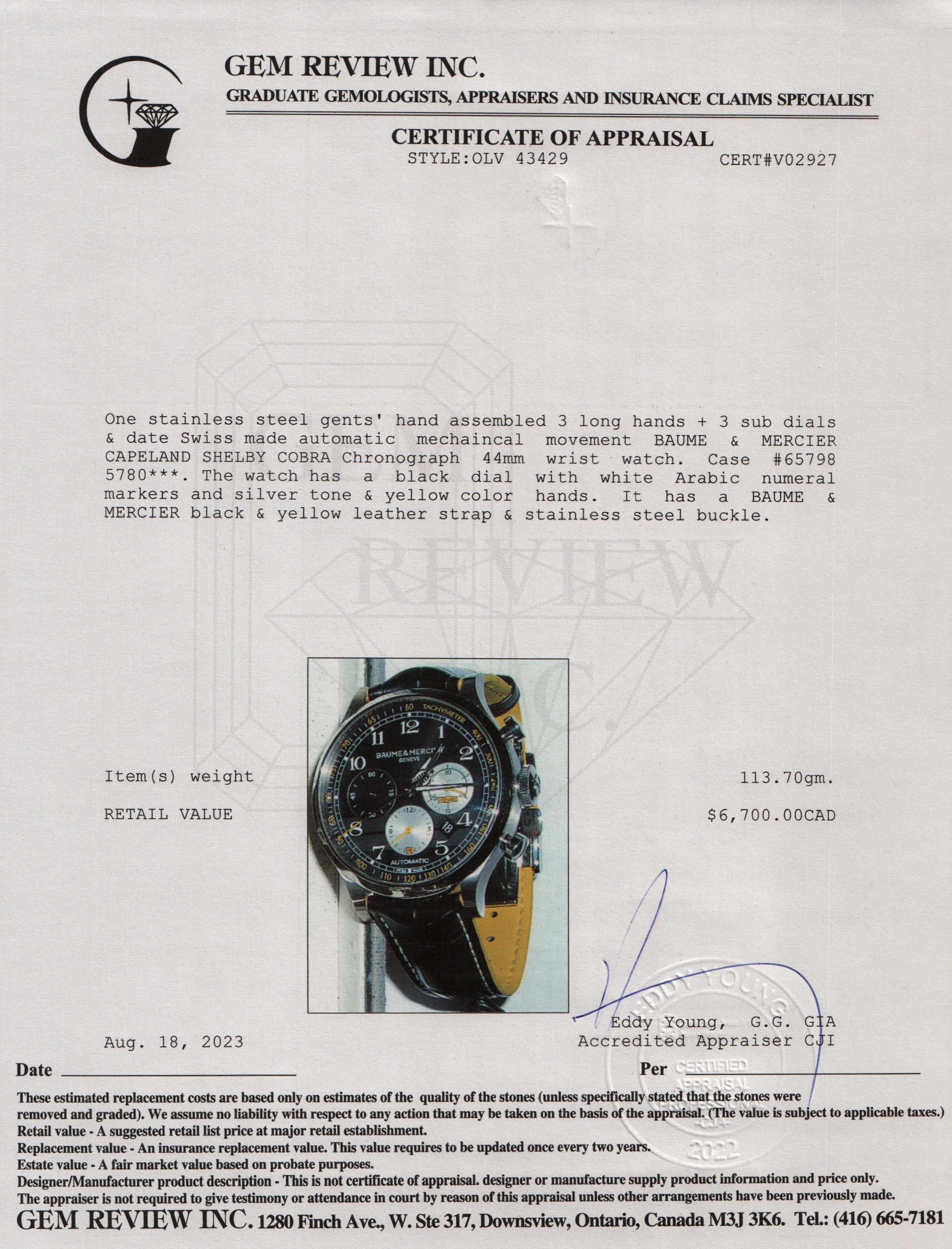 Baume & Mercier Capeland Shelby Cobra 44 MM Automatic Watch w/ Box & Papers