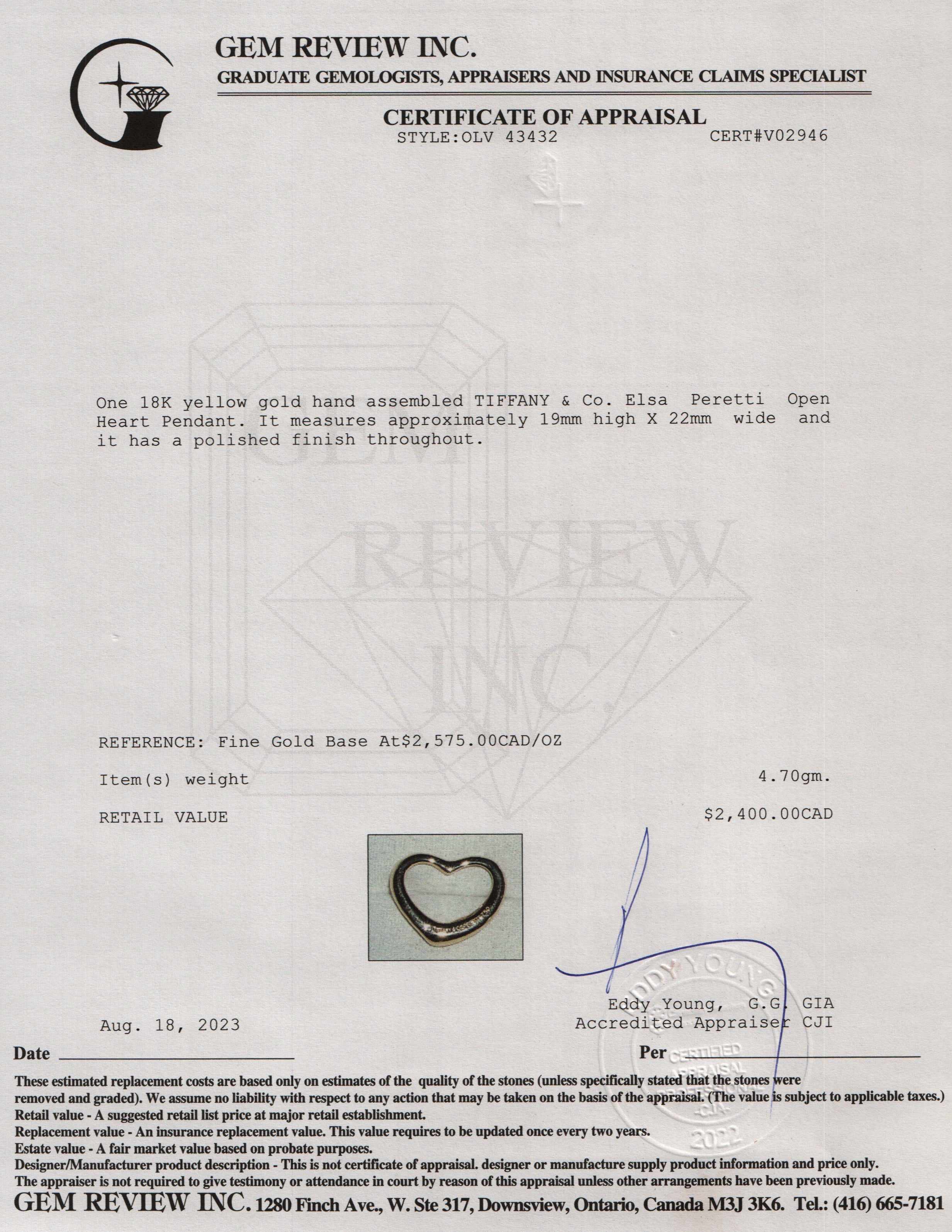 Tiffany & Co. 18k Yellow Gold Elsa Peretti Open Heart Pendant, 22 MM