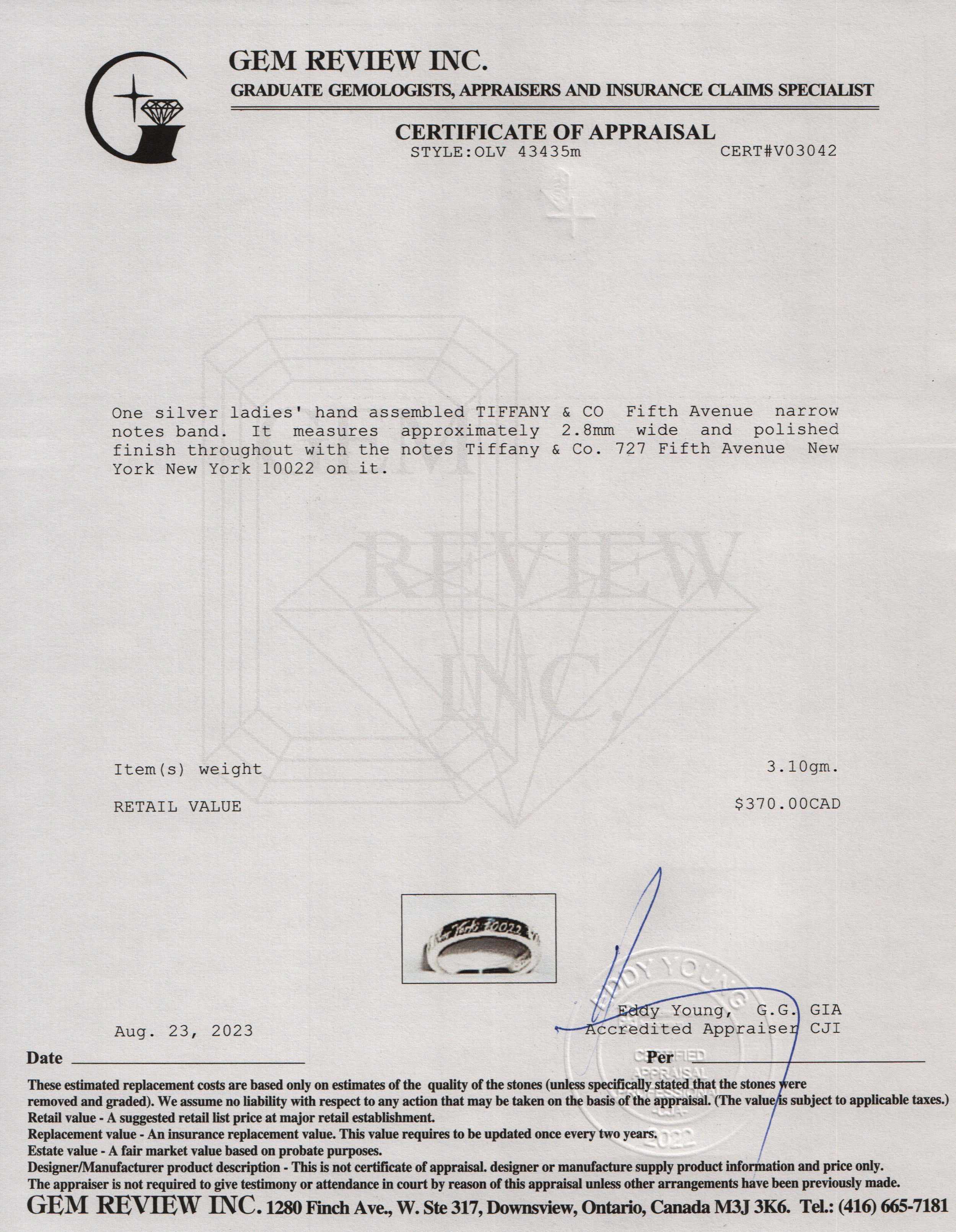 Tiffany & Co. Sterling Silver Fifth Ave Narrow Notes Band Ring