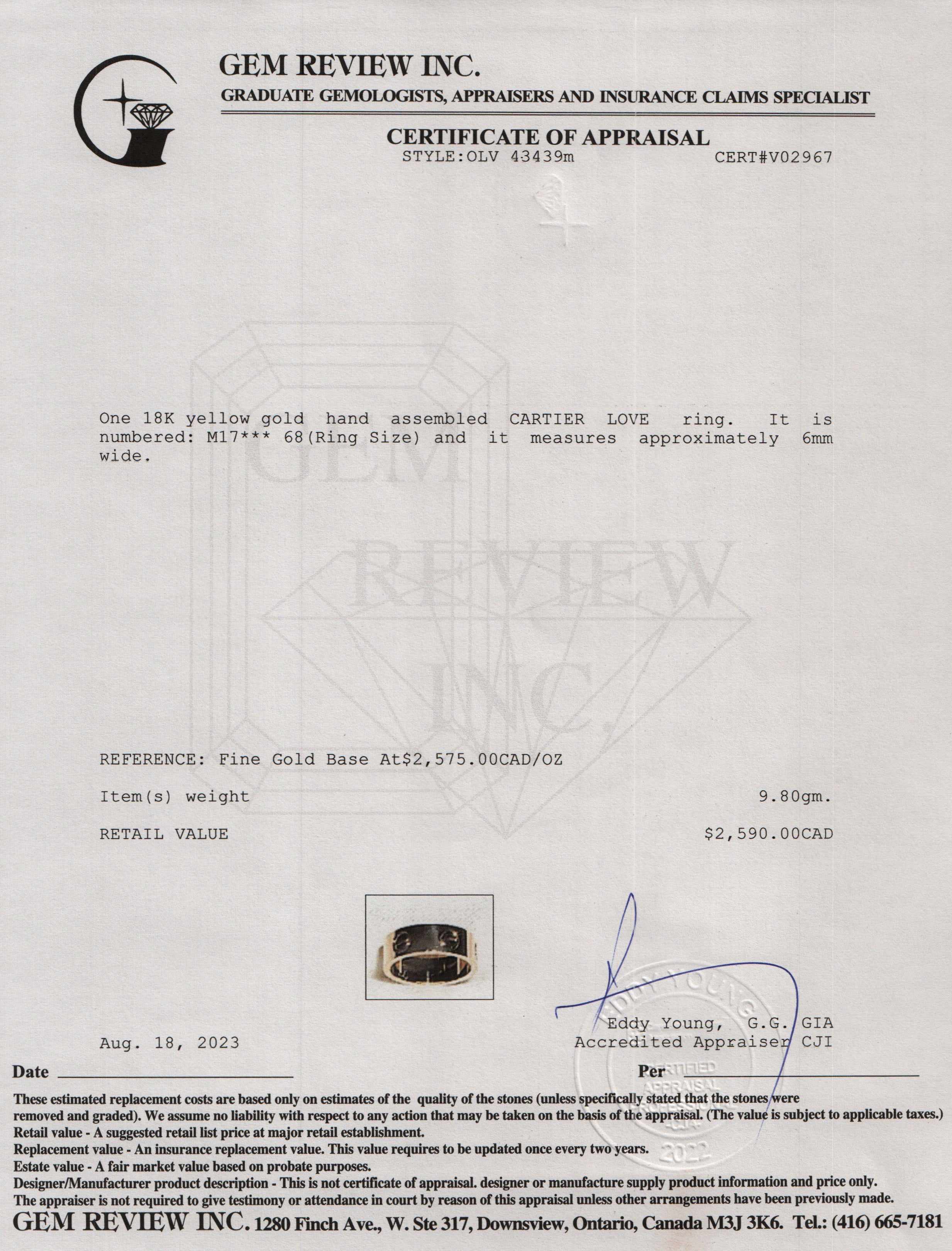 Cartier Vintage 18k Yellow Gold Love Ring