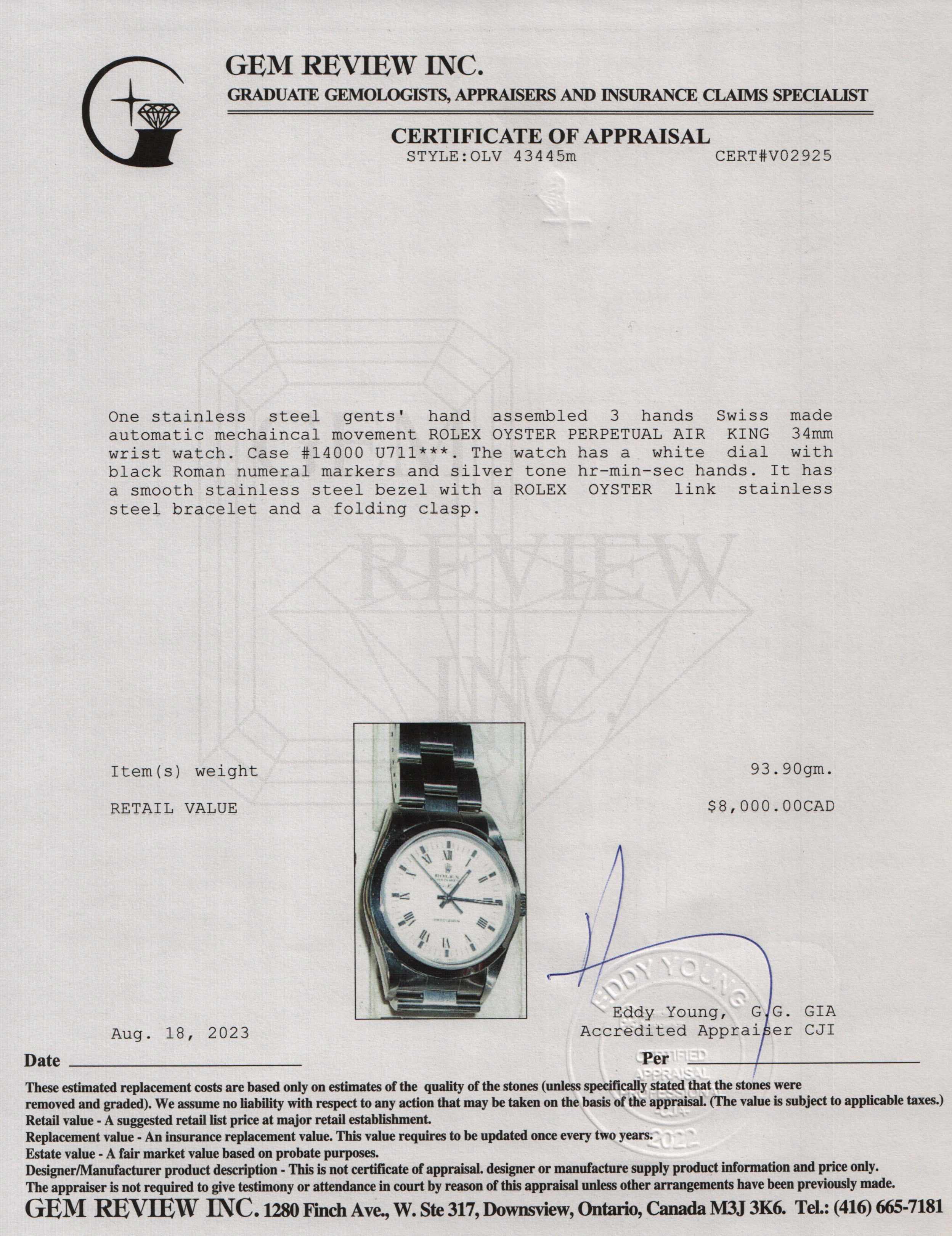 Rolex Oyster Perpetual Air King 34 MM 14000 Watch