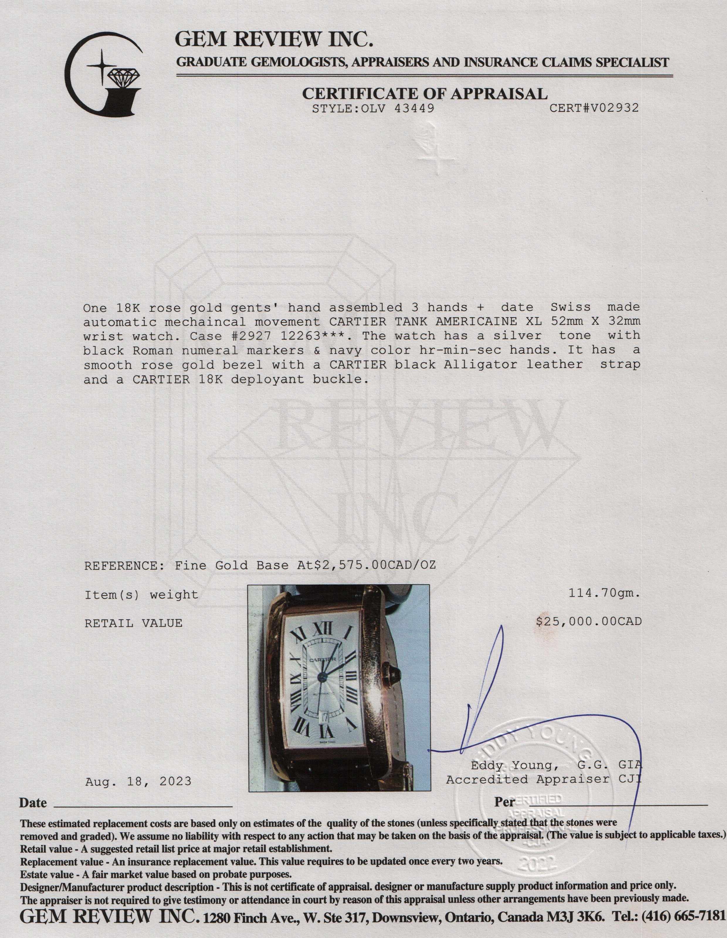 Cartier 18k Rose Gold Tank Americaine XL Watch