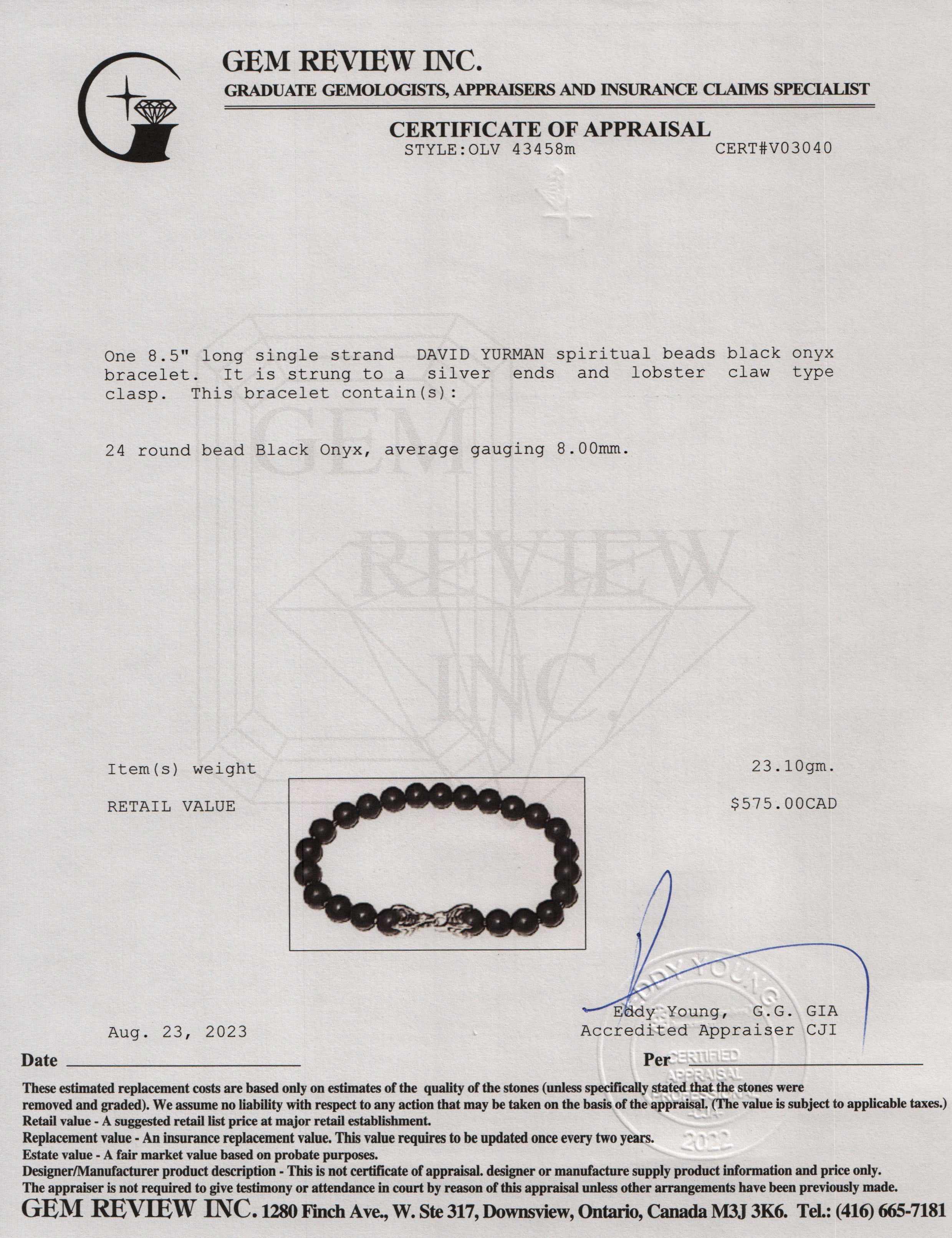 David Yurman Sterling Silver Spiritual 8 MM Beads Black Onyx Bracelet