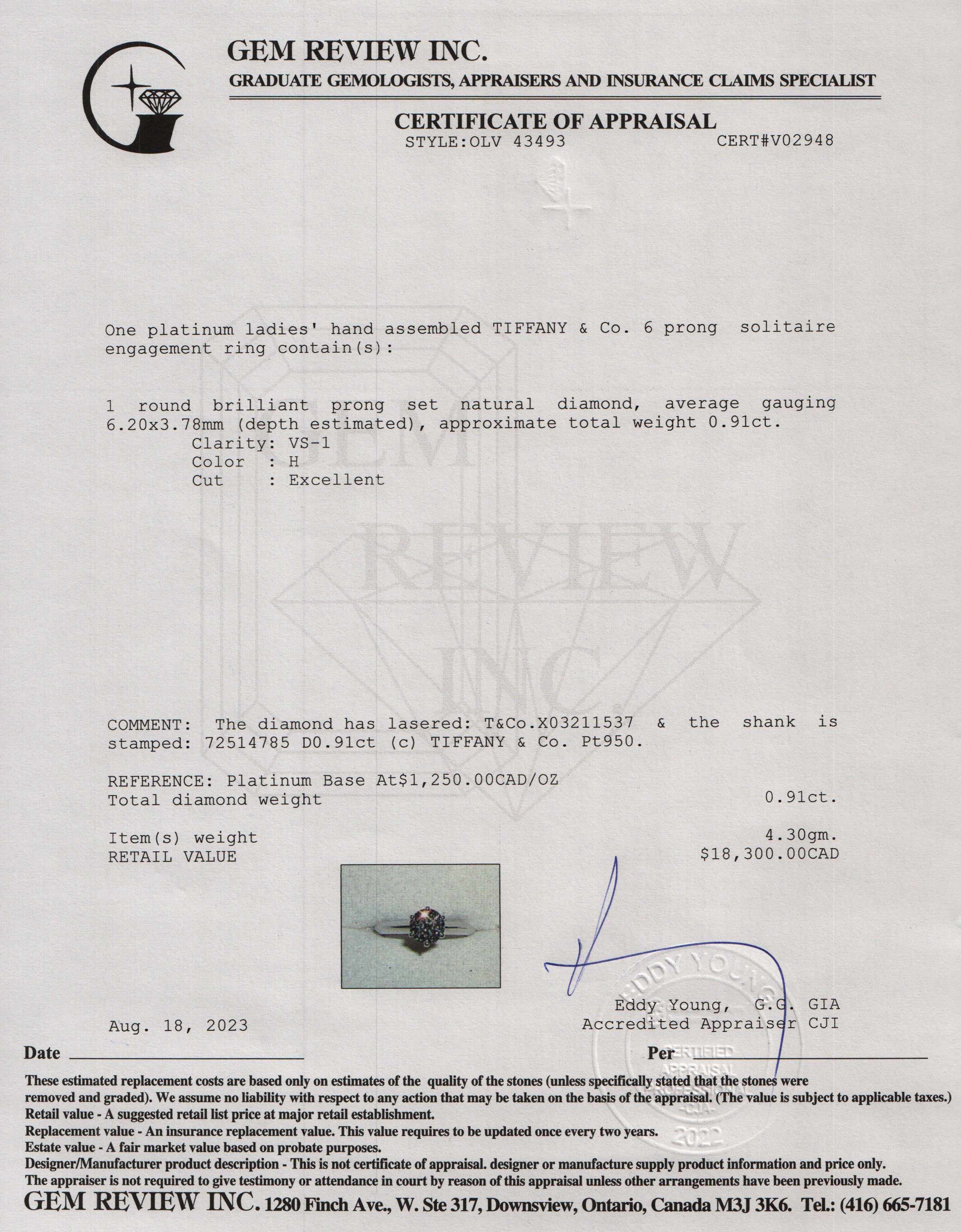 Tiffany & Co. Platinum Solitaire 0.91 ct. Diamond Engagement Ring