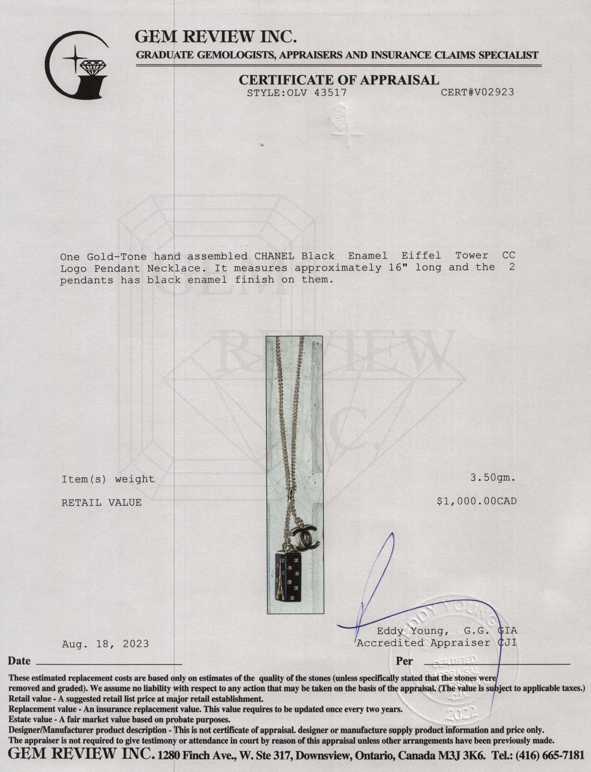 Chanel Enamel Eiffel Tower CC Logo Pendant Necklace