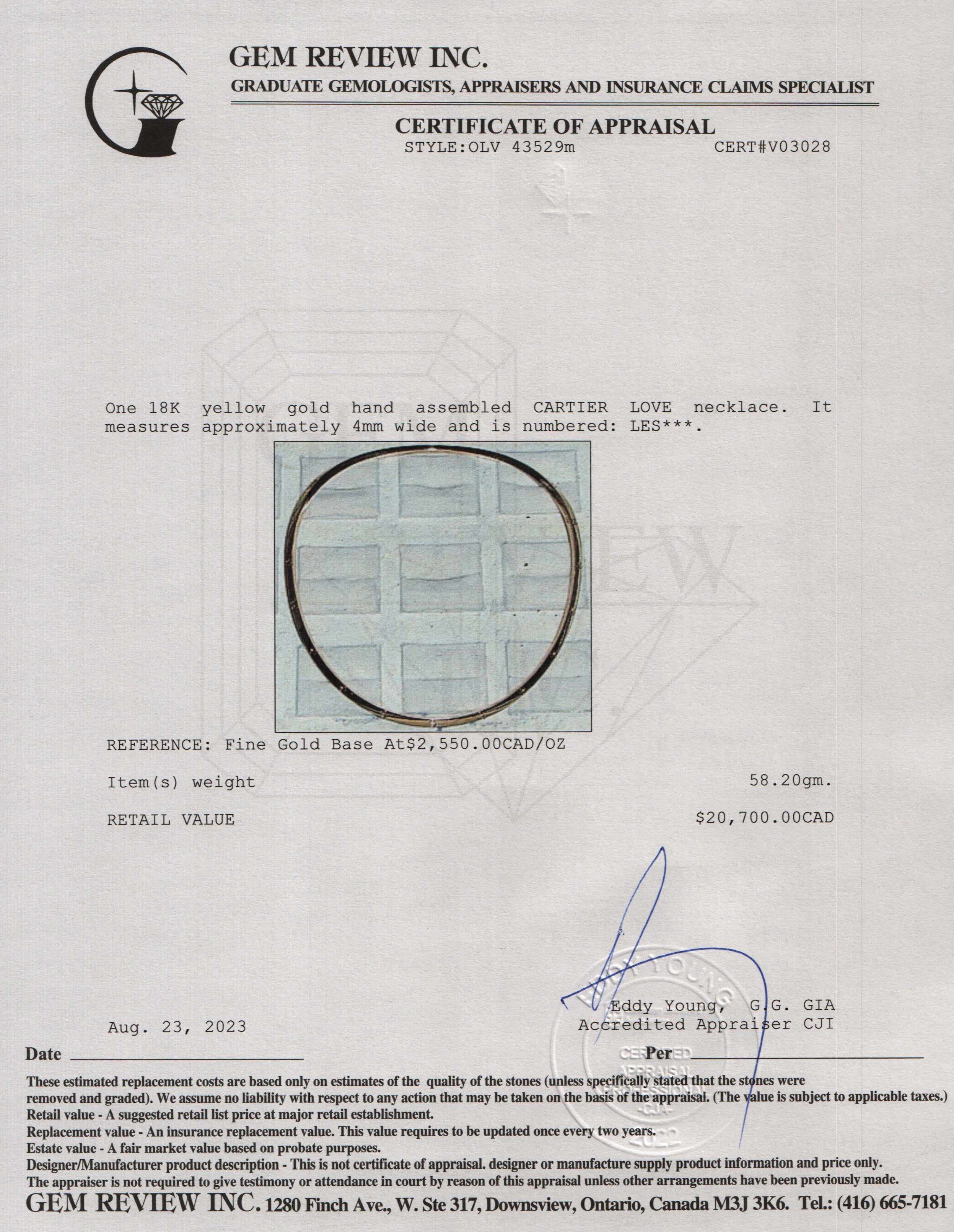 Cartier 18k Yellow Gold Love Necklace w/ Box