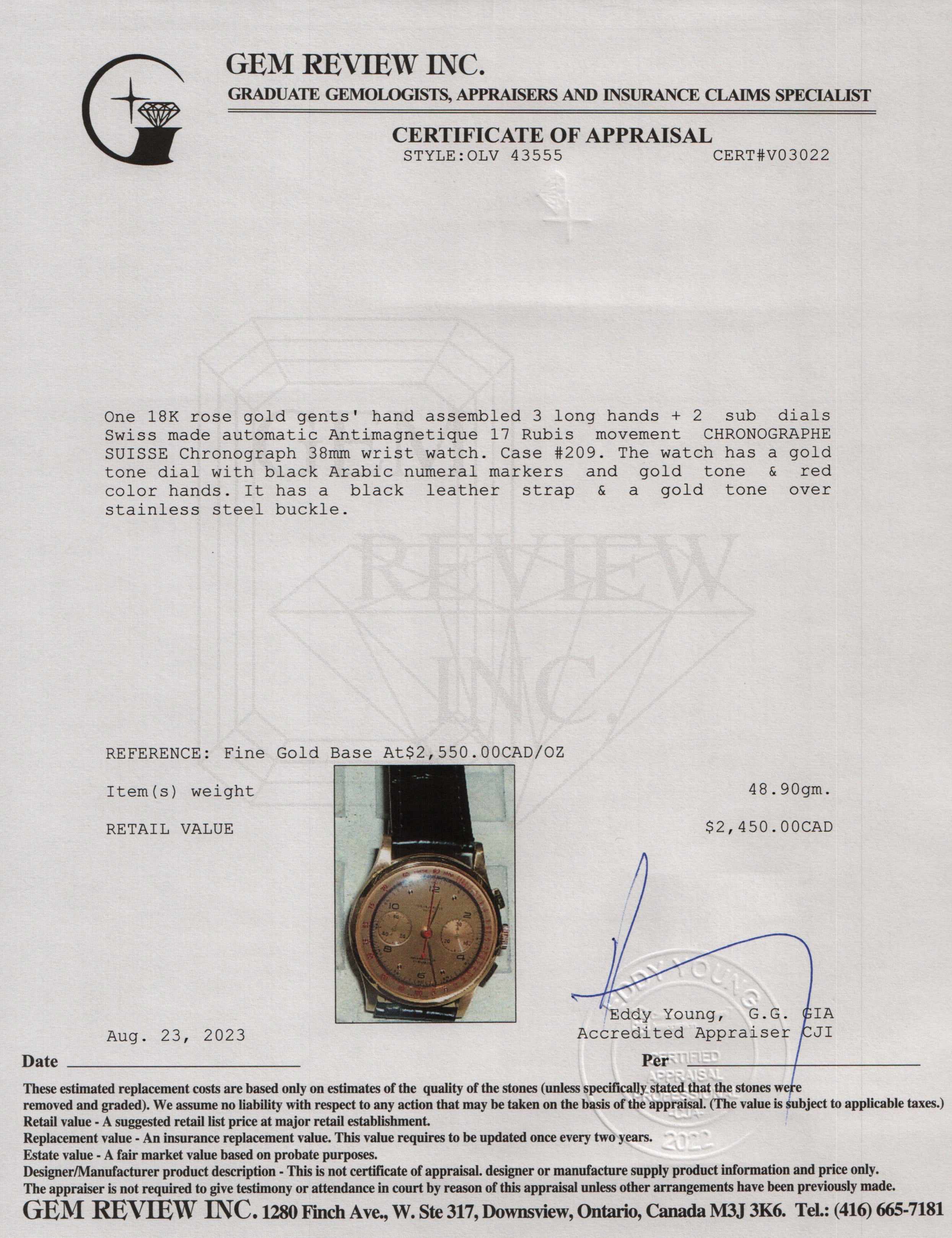 Chronographe Suisse Vintage 18k Rose Gold Antimagnetique 38 MM Watch