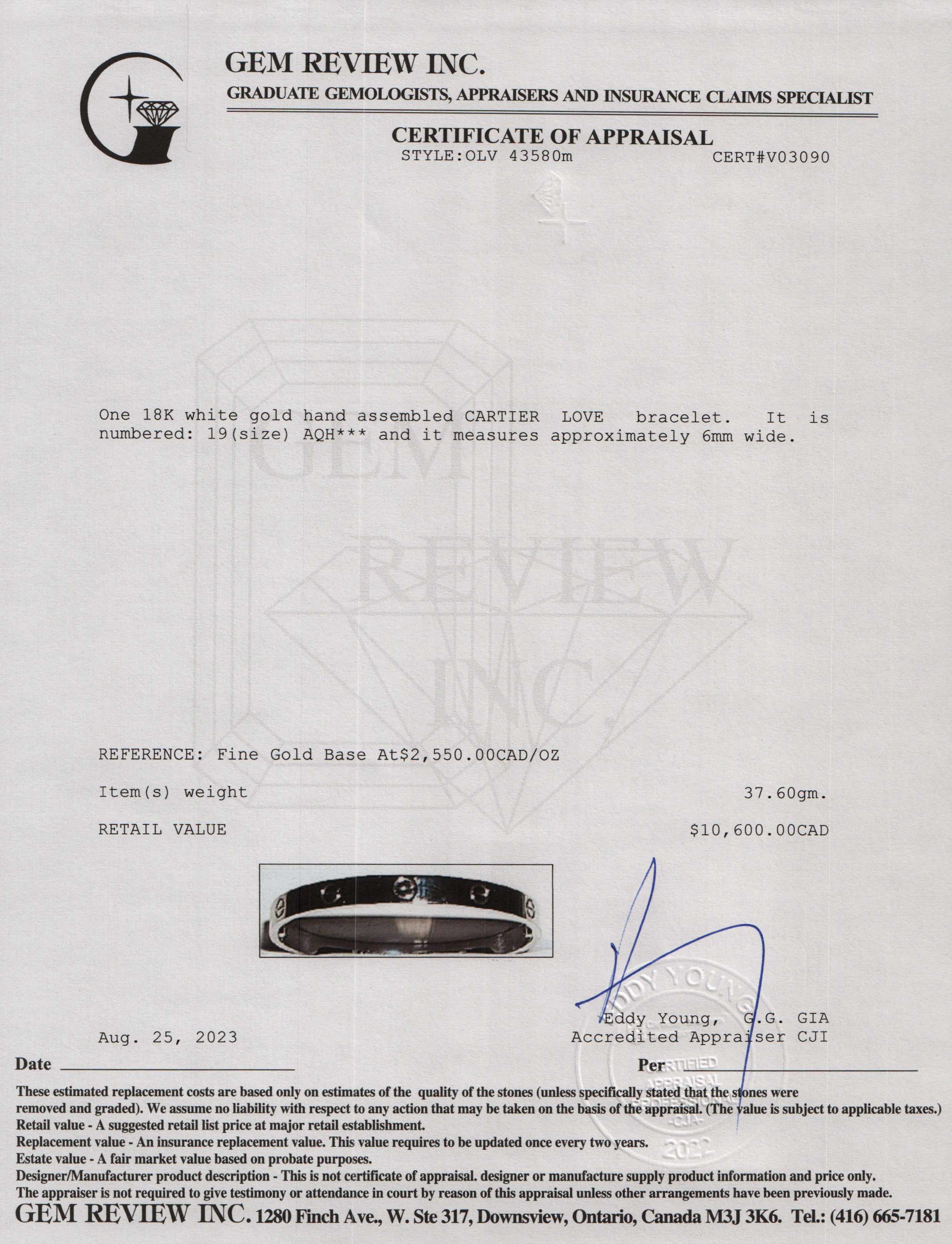 Cartier 18k White Gold Love Bracelet, Size 19