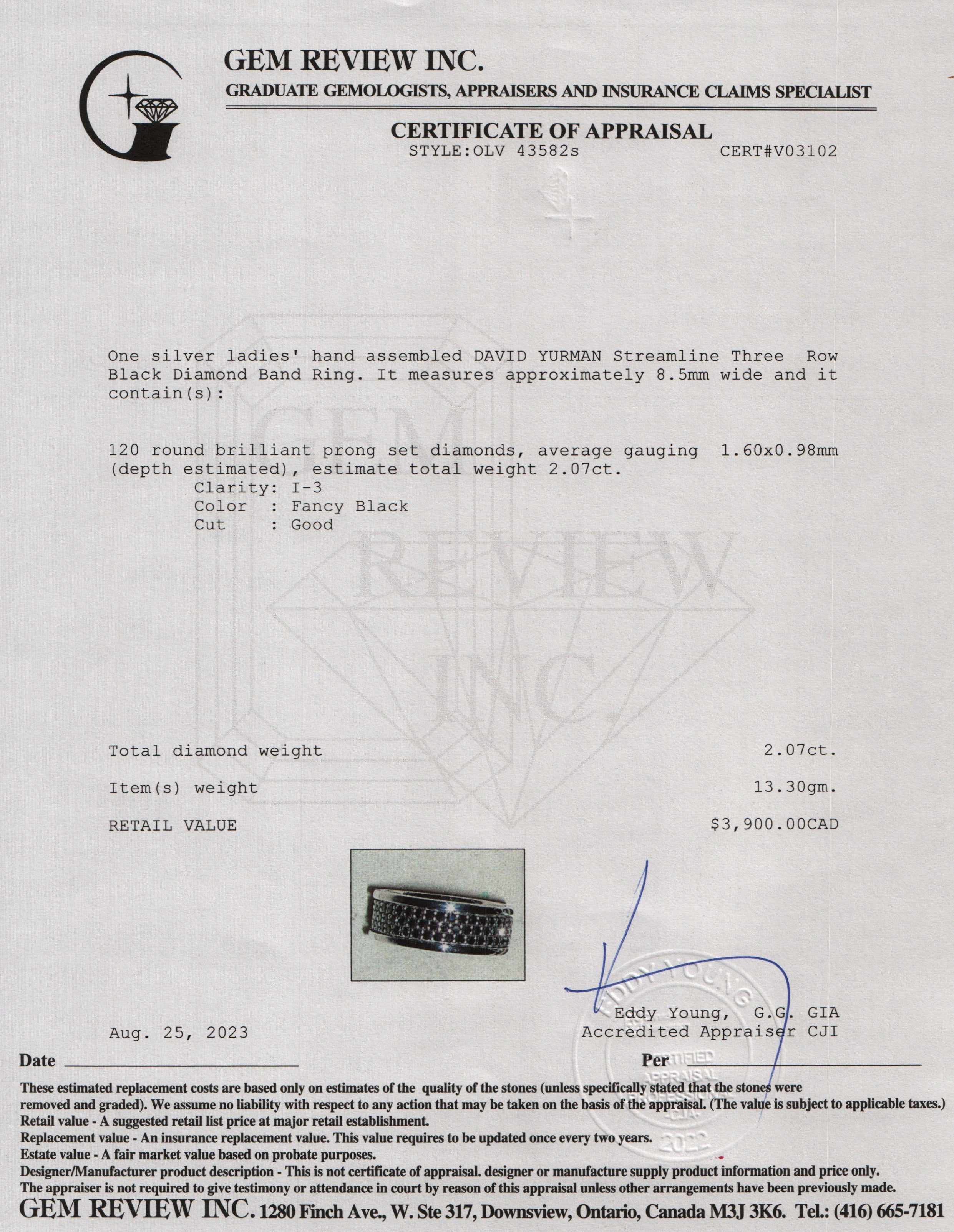 David Yurman Sterling Silver Streamline Three-Row Black Diamond Band Ring